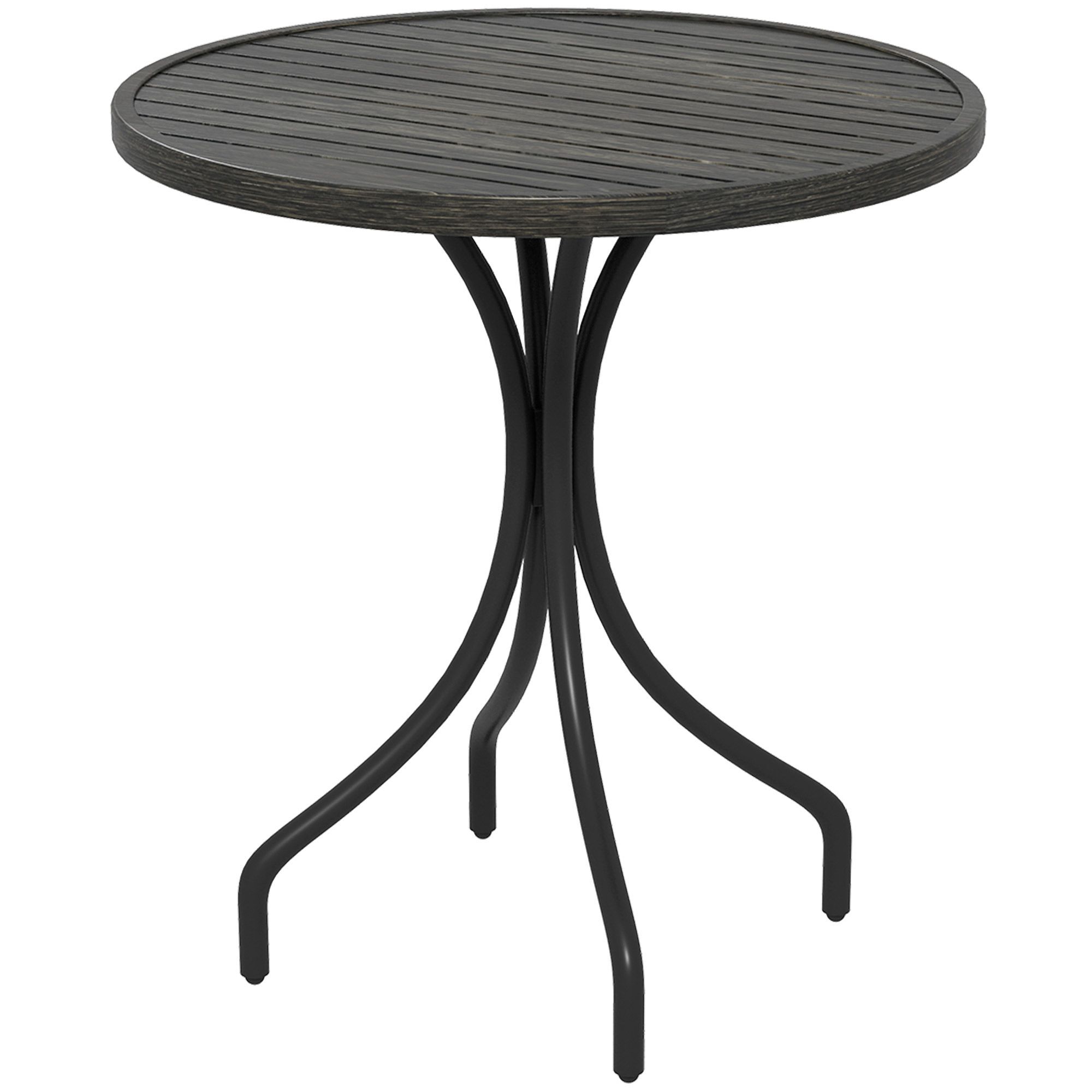 Outsunny Φ66cm Garden Side Table, Round Bistro Coffee Table, Outdoor Patio Table With Steel Frame And Slat Tabletop For Balcony And Porch, Grey Wood Grain