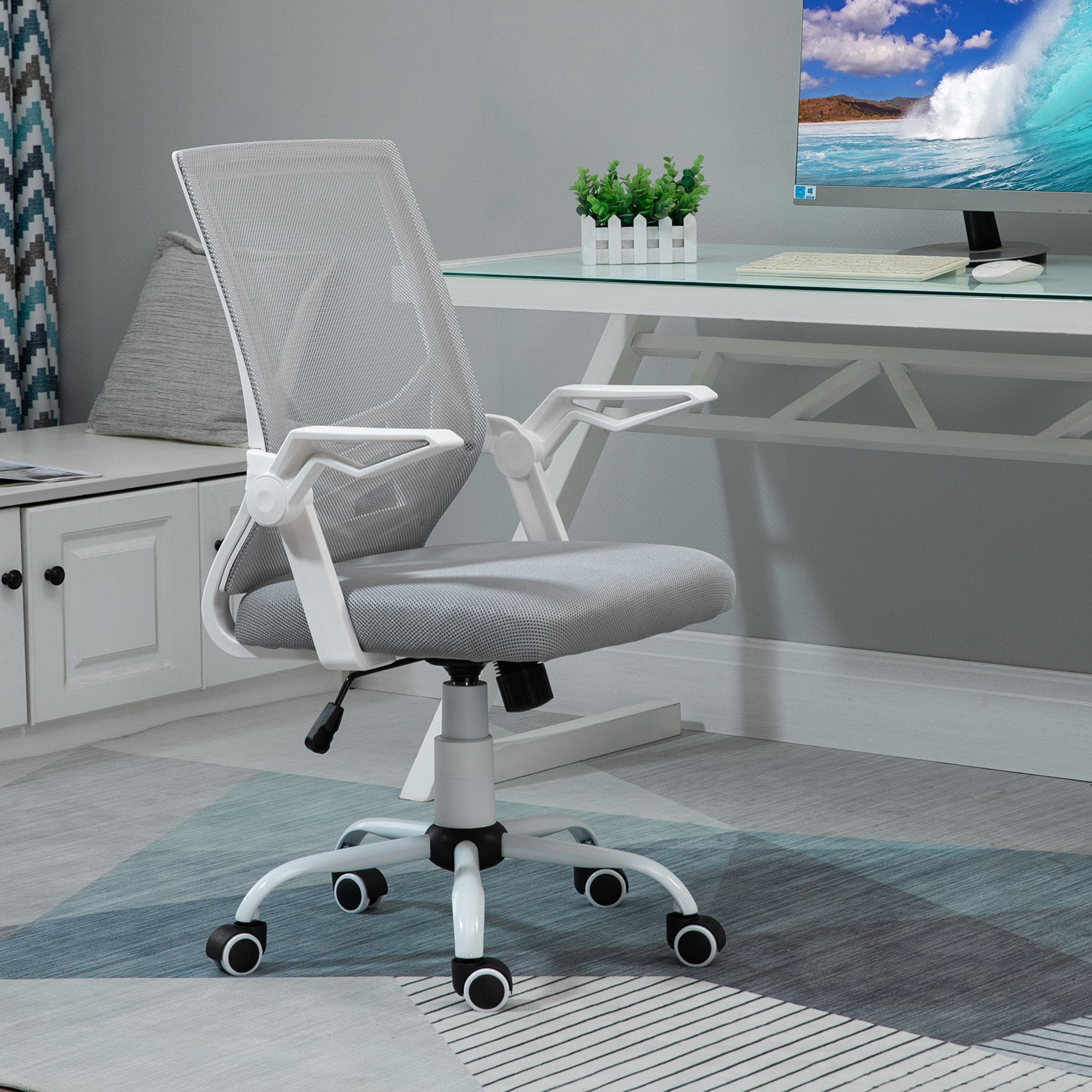 Vinsetto Mesh Office Chair Swivel Task Computer Desk Chair For Home With Lumbar Back Support, Adjustable Height, Flip-up Arm, Grey