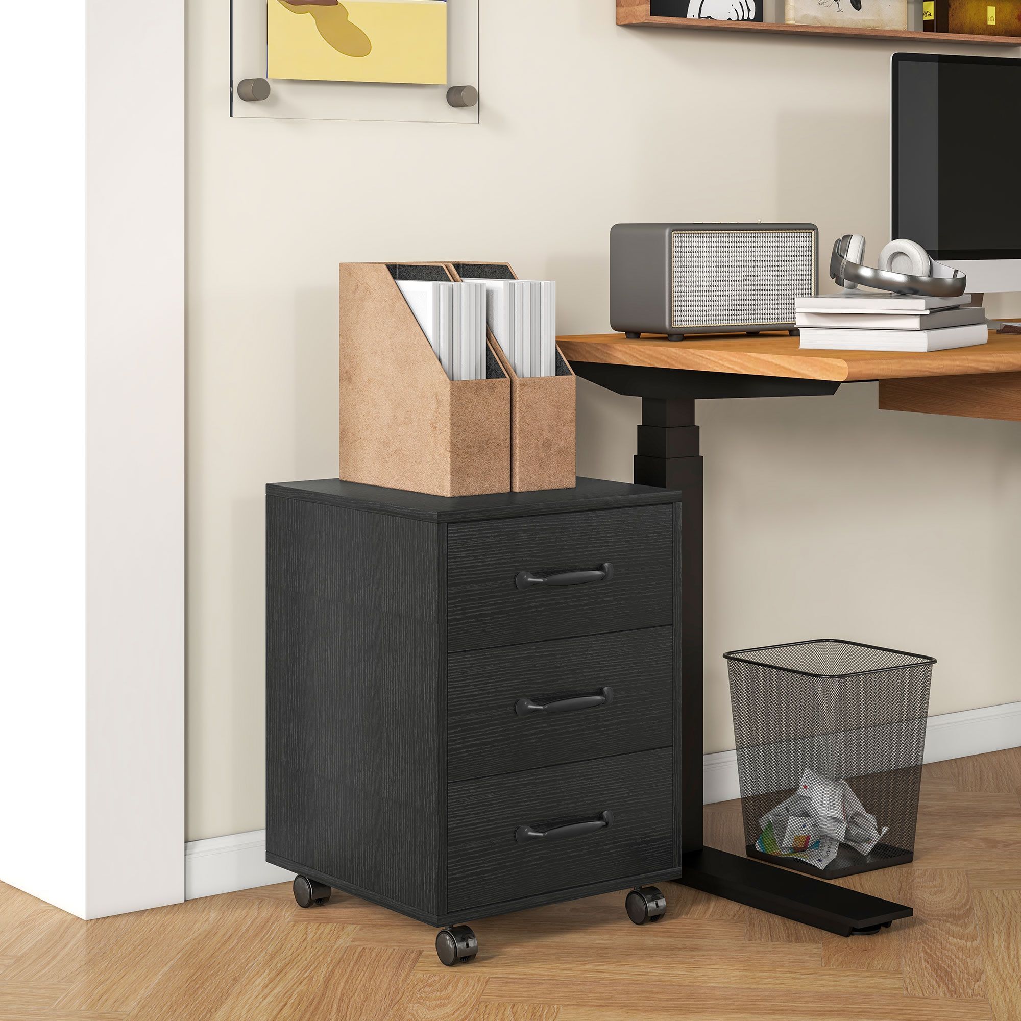 Homcom 3 Drawer File Cabinet, Mobile Filing Cabinet On Wheels For Home Office, Study, Black