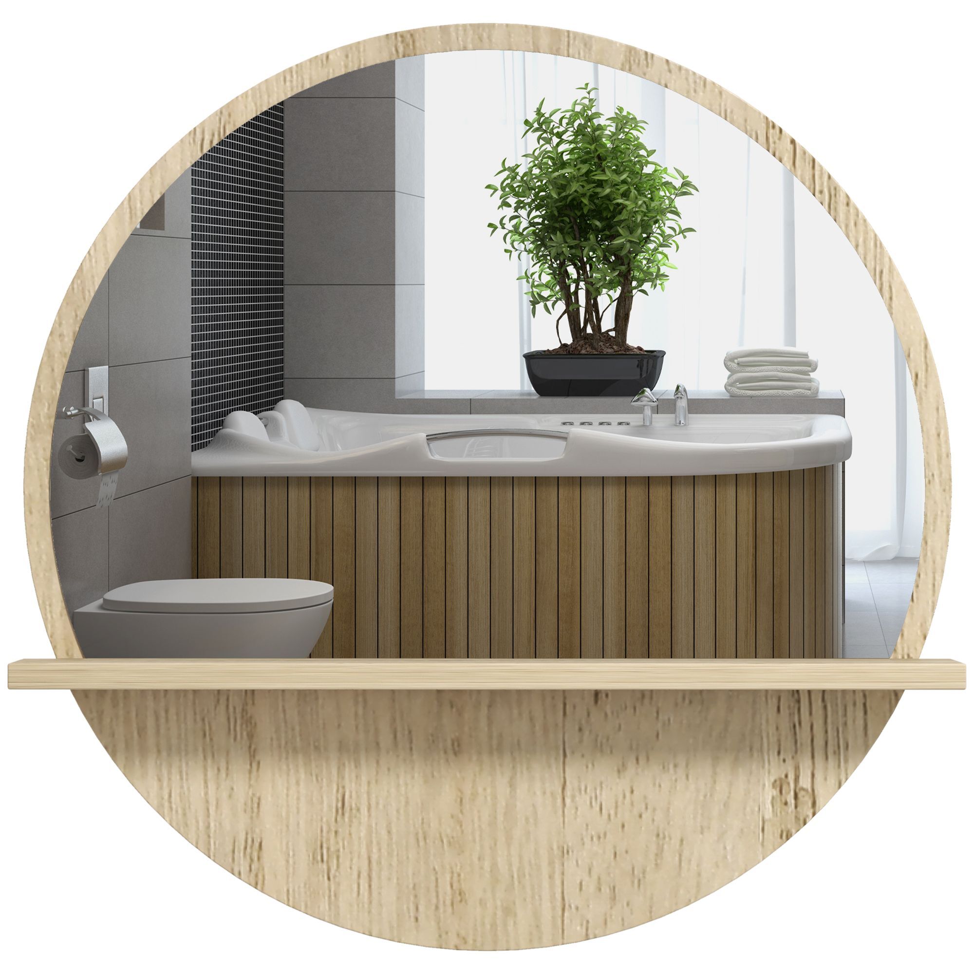 Kleankin 45cm Wall Mounted Bathroom Mirror, Round Mirror With Shelf, Framed Makeup Mirror For Home Decoration, Natural Wood Effect