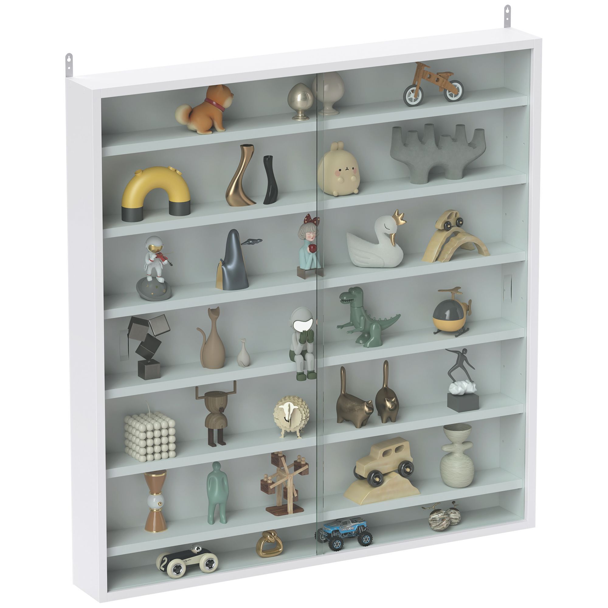 Homcom 7-tier Wall Display Shelf Unit Cabinet W/ 6 Adjustable Shelves Glass Doors Home Office Ornaments 83x80cm, White