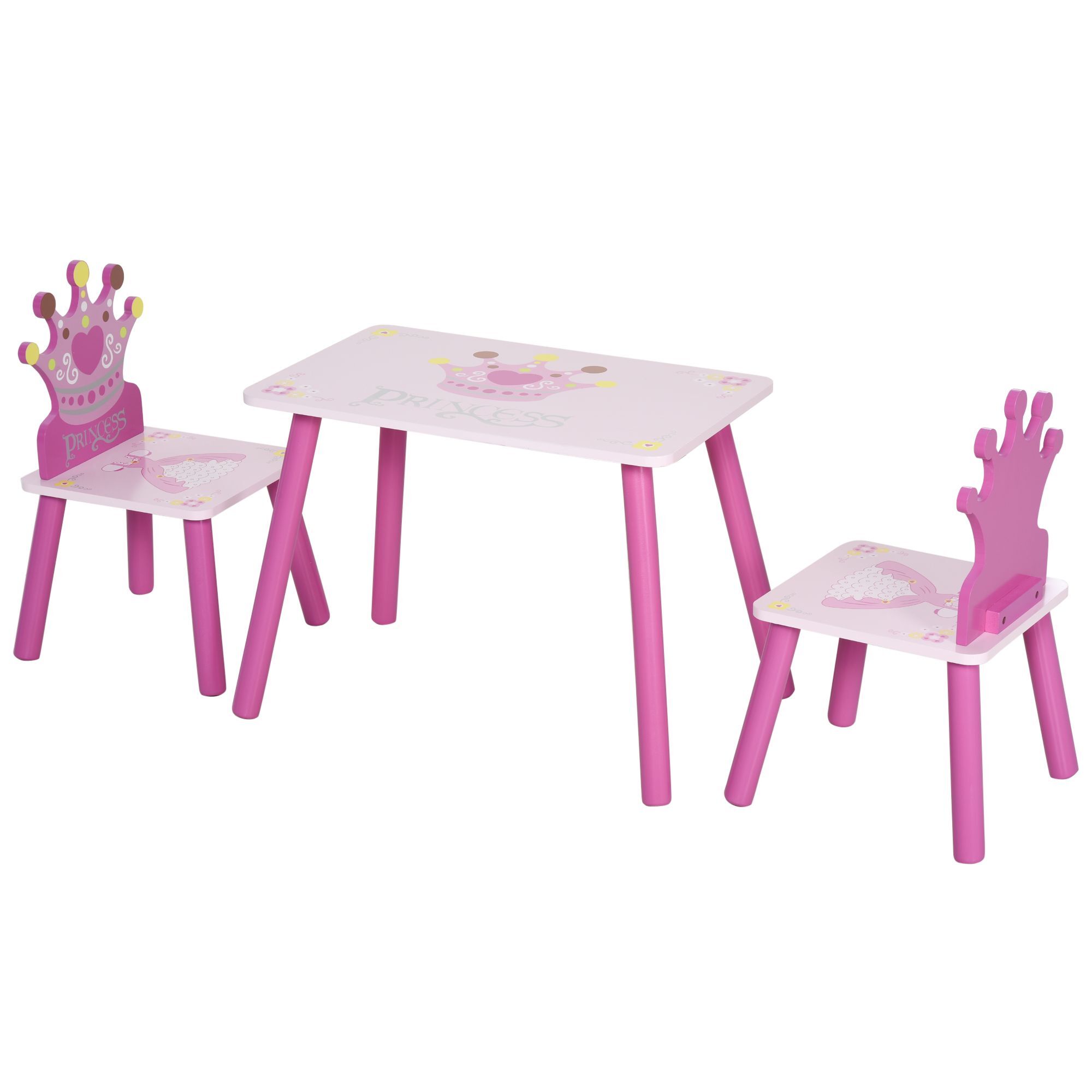 Homcom 3-piece Set Kids Wooden Table Chair With Crown Pattern Easy To Clean Gift For Girls Toddlers Age 3 To 8 Years Old Pink