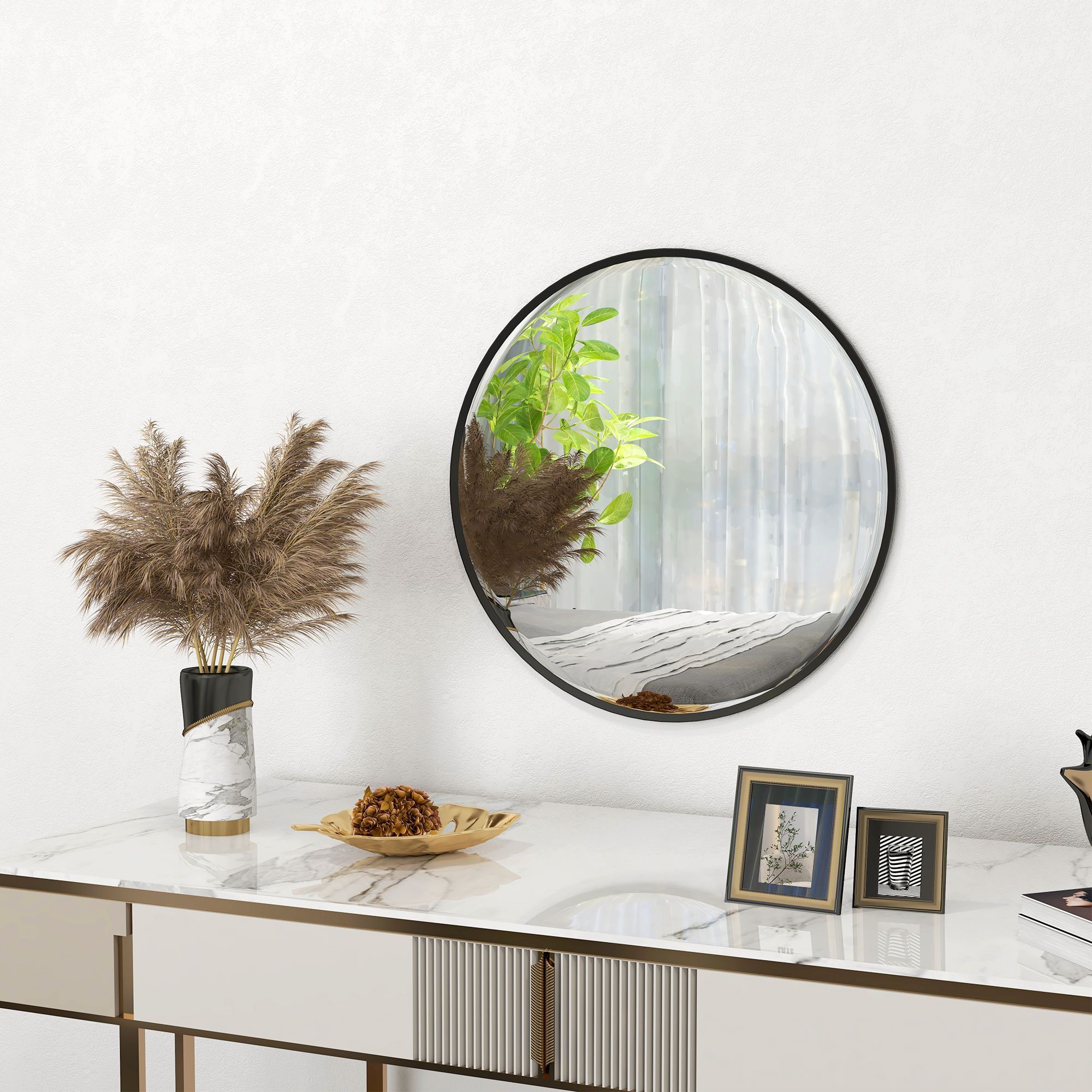 Homcom 61cm Decorative Wall Mirror Modern Round Bathroom Mirror For Home Decor, Black