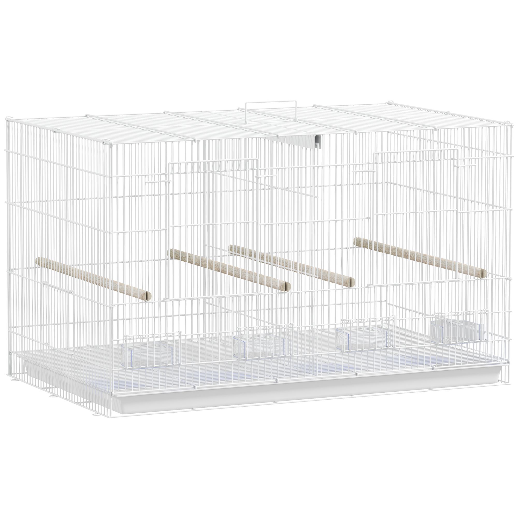 Pawhut Bird Cage With Divider, 4 Wooden Perches, Slide Out Tray, 4 Feeders, For Budgie, Lovebird, Canary, 76 X 46 X 46cm, White