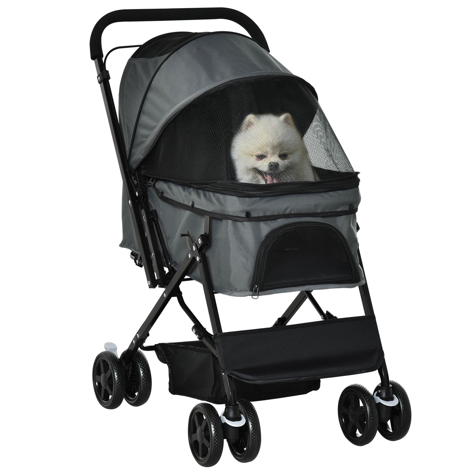 Pawhut Pet Stroller Dog Pushchair Foldable Jogger With Reversible Handle Eva Wheel Brake Basket Adjustable Canopy Safety Leash Grey