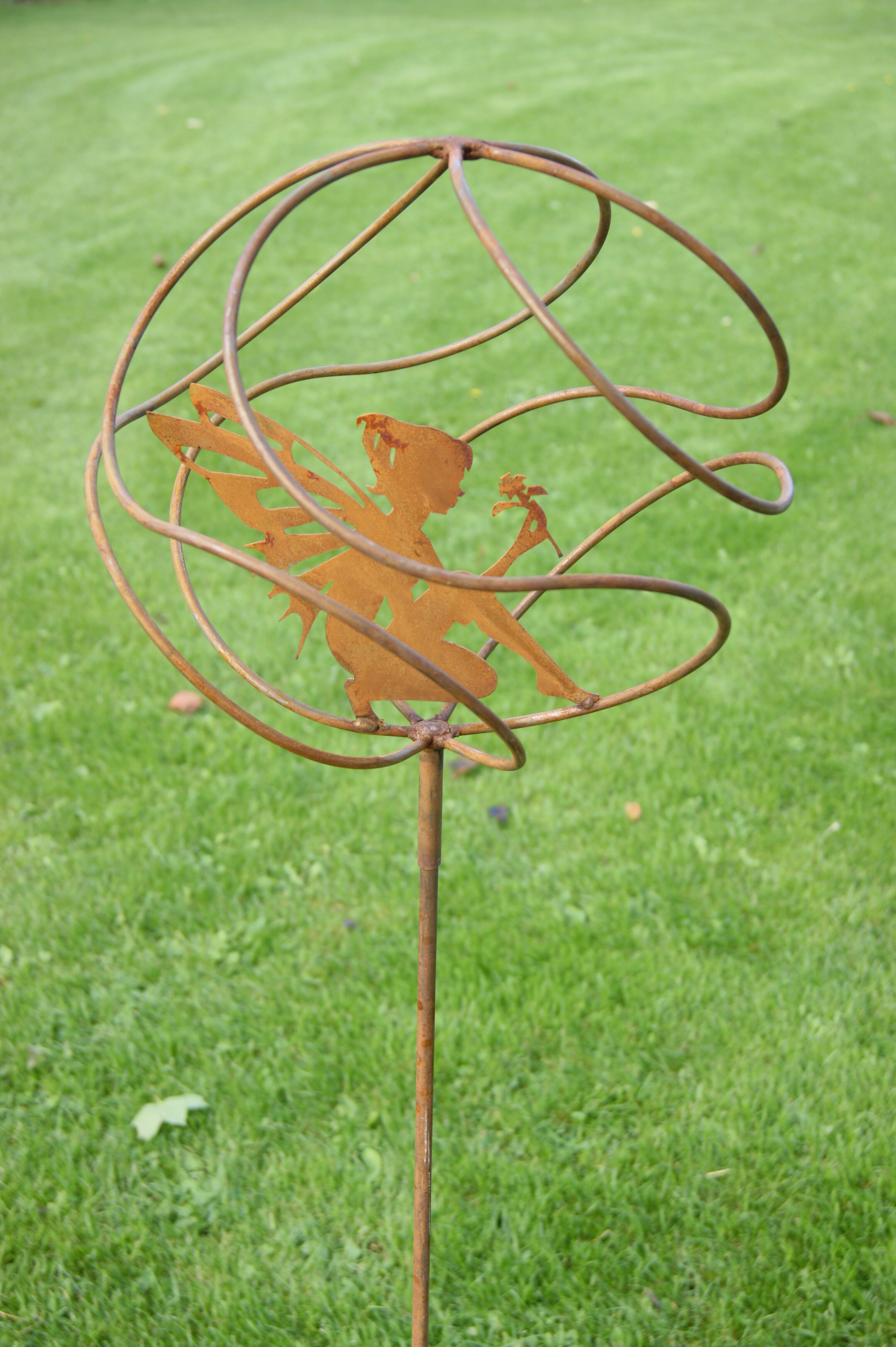 Tangle Ball On 4ft Stem With Sitting Fairy Bare Metal/ready To Rust