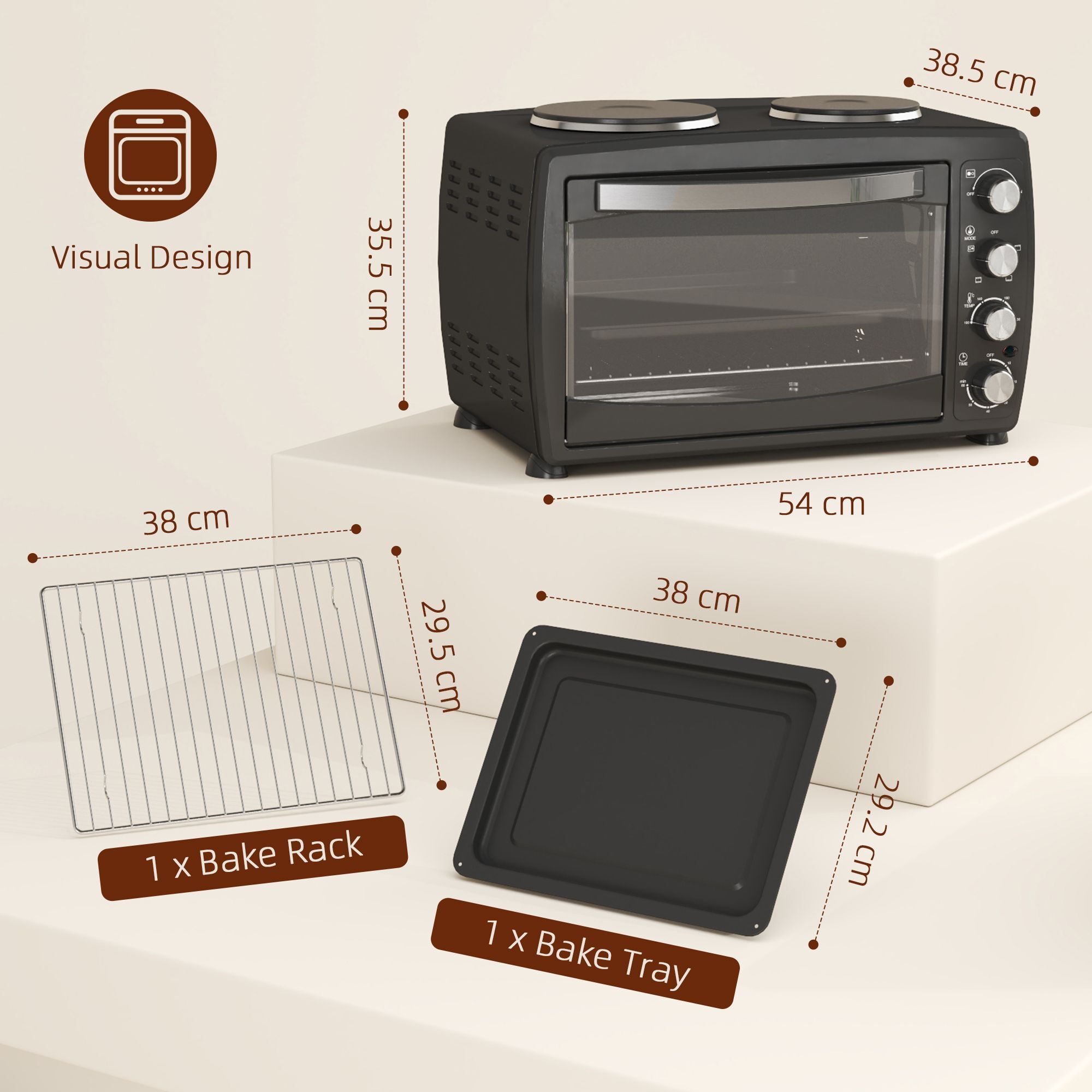 Homcom 36l Small Oven With 2 Hot Plates, Countertop Toaster Oven, Grill, Roast, Bake, Boil, With Timer, Adjustable Temperature, Electric Oven With Baking Tray, Grill Rack, Crumb Tray, 2600w, Black