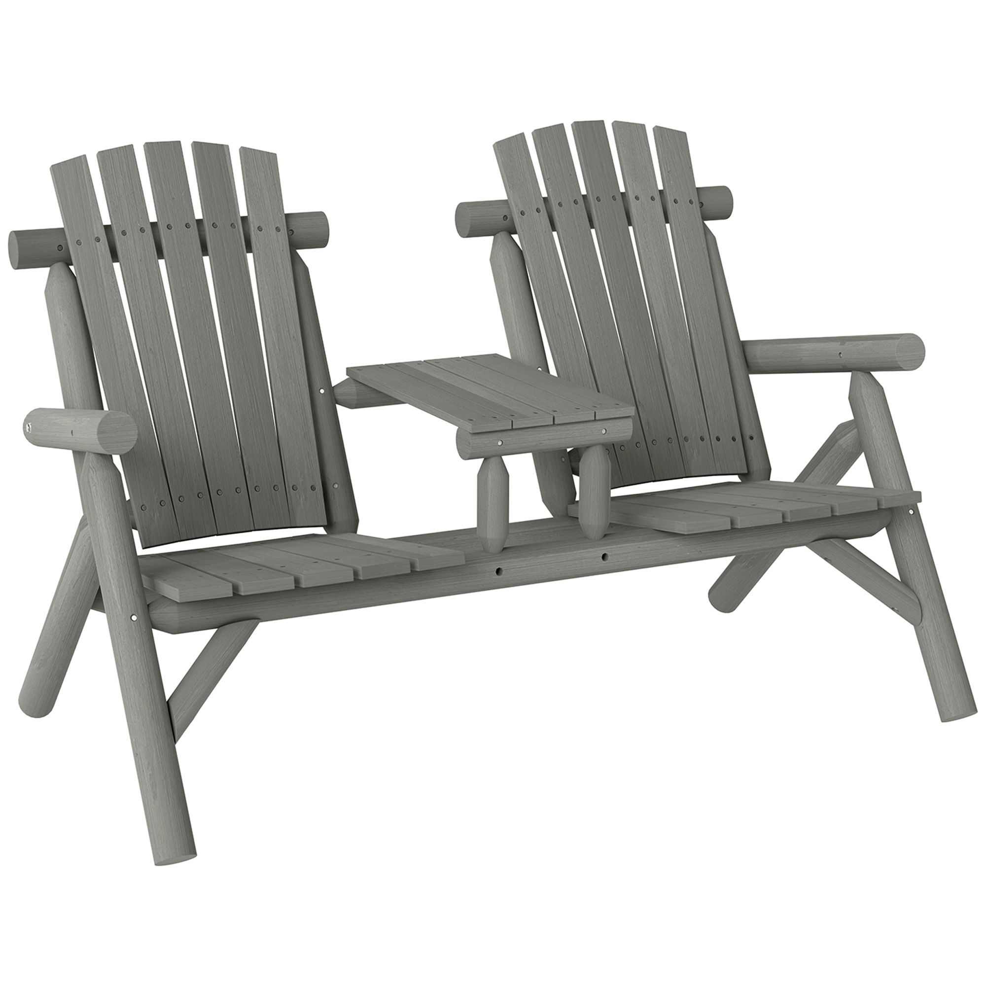 Outsunny Wood Patio Chair Bench 2 Seats W/ Centre Coffee Table, Garden Bench, Grey