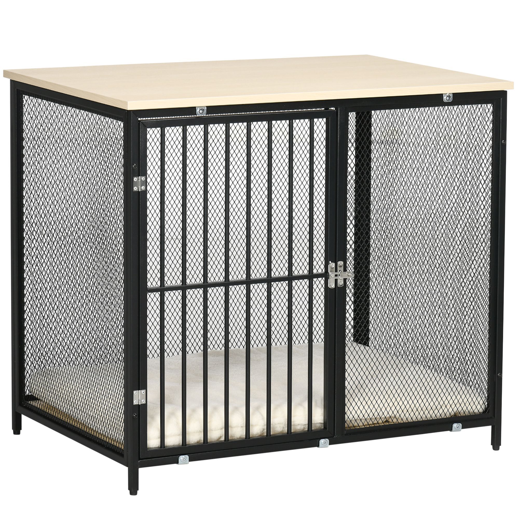 Pawhut Dog Crate Furniture Side End Table With Soft Washable Cushion, Indoor Dog Kennel With Wire Mesh Wall, Wooden Top, For Medium Small Dogs