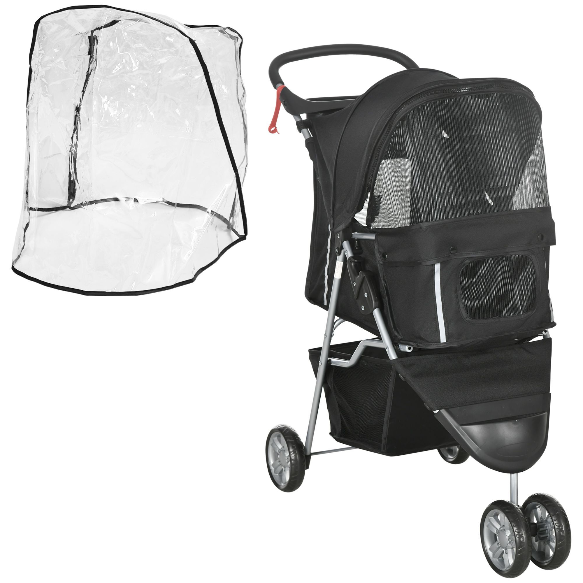 Pawhut Pet Travel Stroller With Rain Cover, 3 Wheels Foldable Cat Dog Pushchair With Storage Basket And Cupholder For Small Miniature Dogs(black)