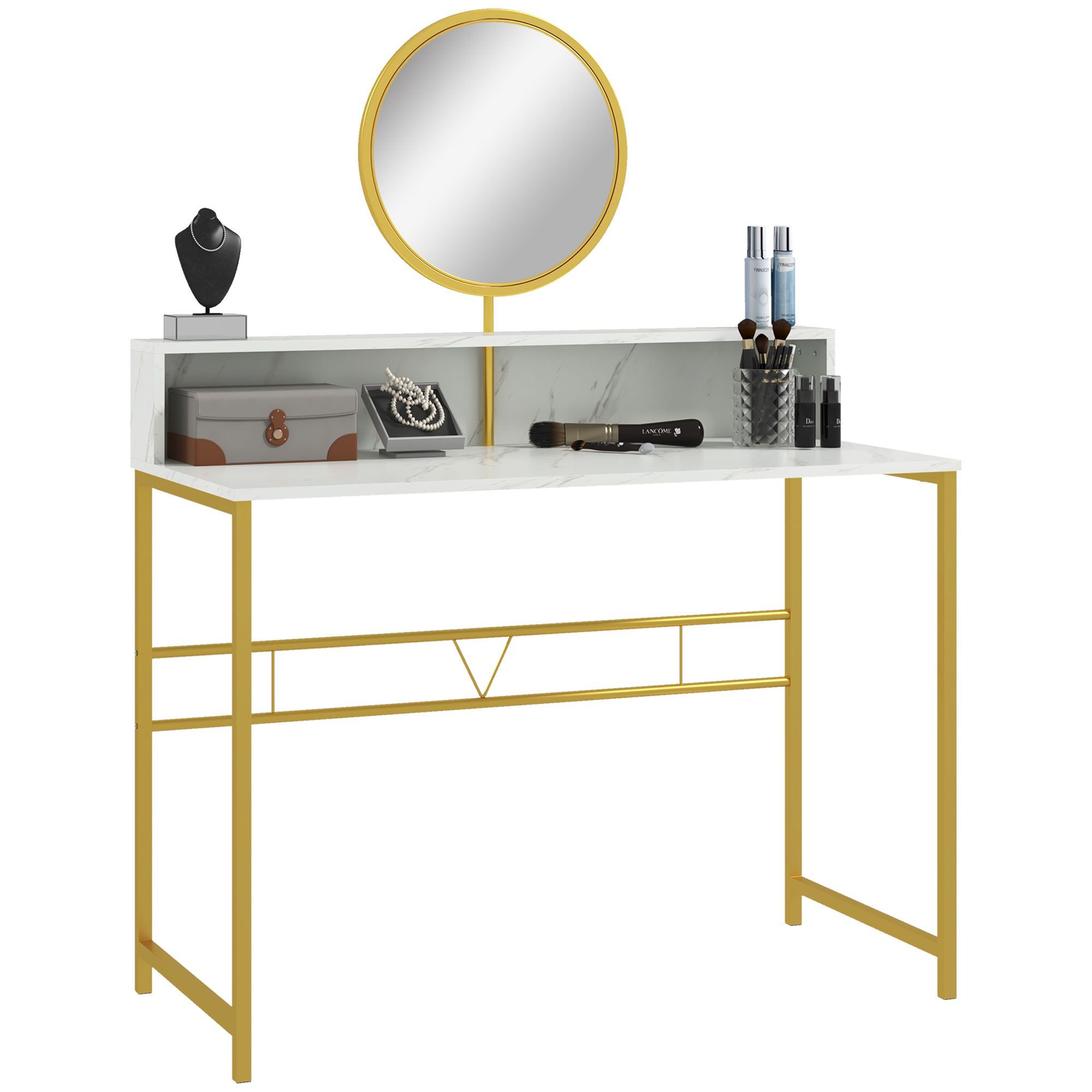 Bewishome vanity set with shop mirror cushioned stool storage shelves