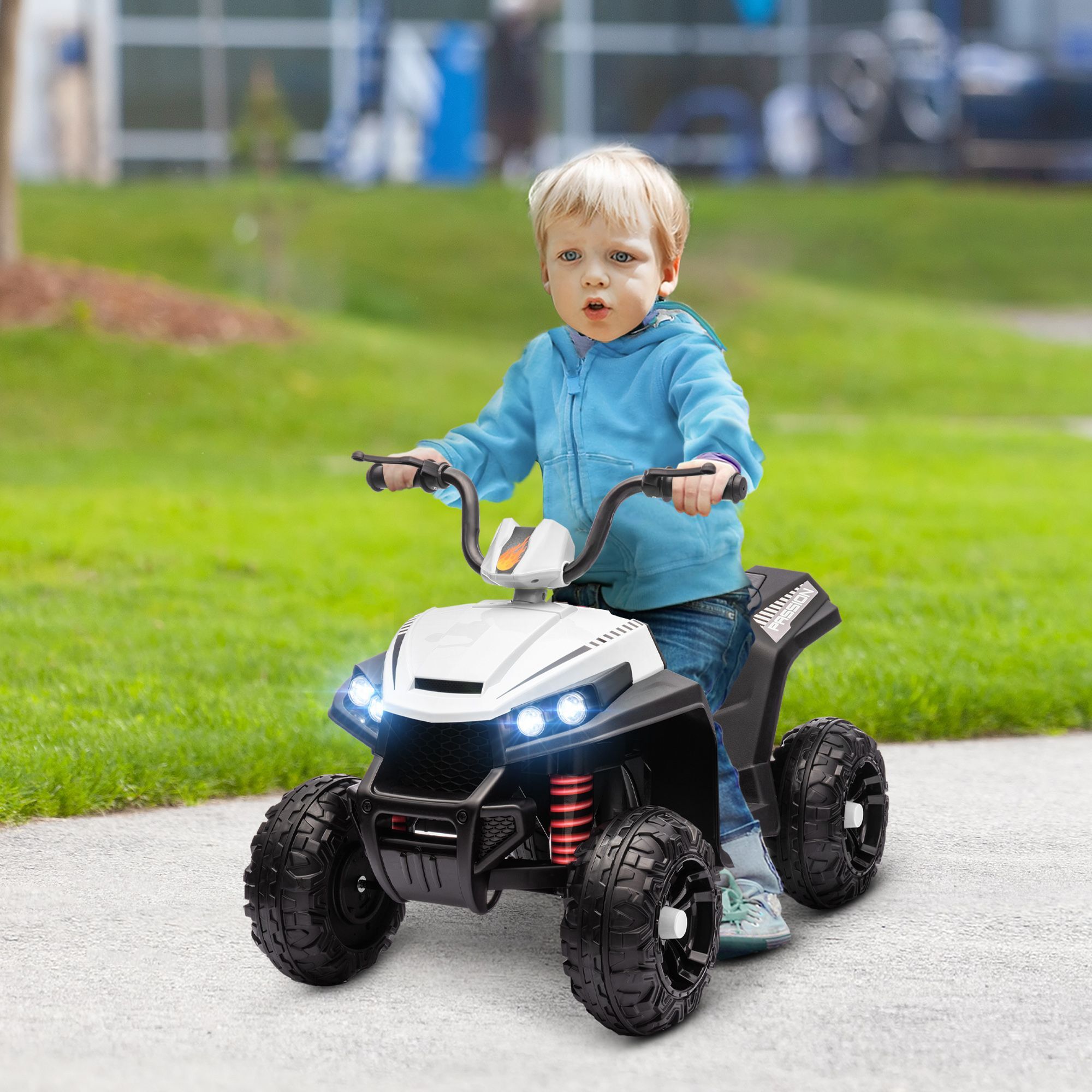 Aiyaplay 12v Kids Electric Quad Bike W/ Spring Suspension System, Forward & Backward, Led Light, Music, Mp3, White