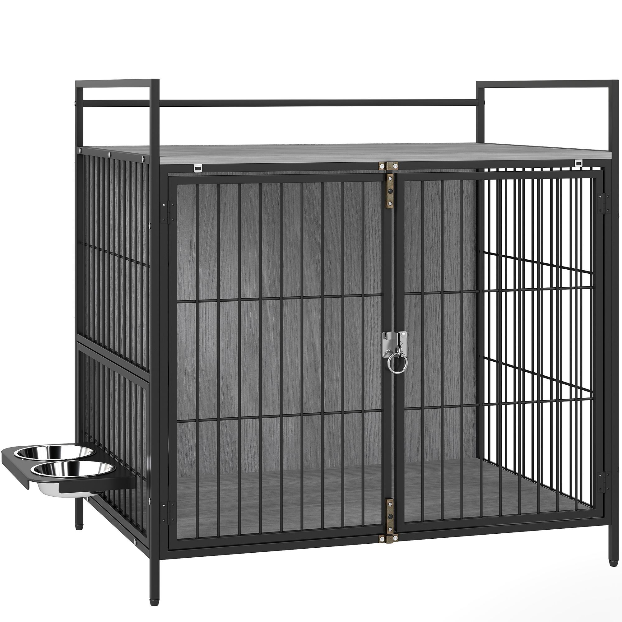 Pawhut Dog Crate Furniture With Rotating Bowl Holder, 2 Bowls, 2 Doors, For Medium Dogs, 80 X 56 X 76.5 Cm, Grey
