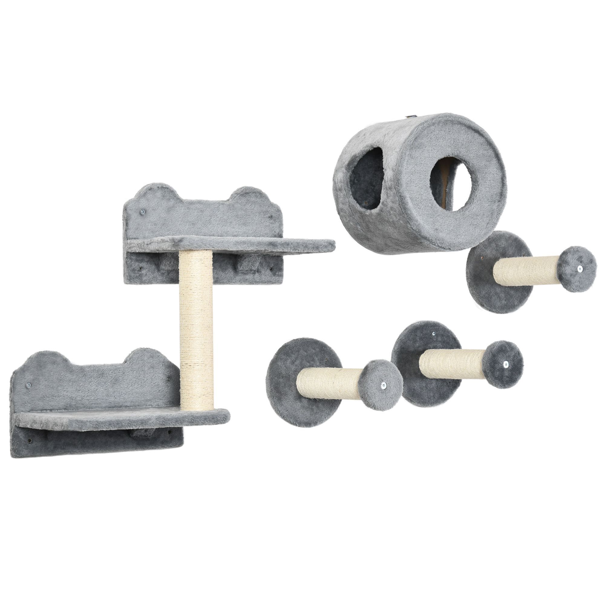 Pawhut 5pcs Cat Wall Furniture With Perch, Cat Condo, Scratching Post, Wall Mounted Cat Tree For Indoor Cats Use - Grey