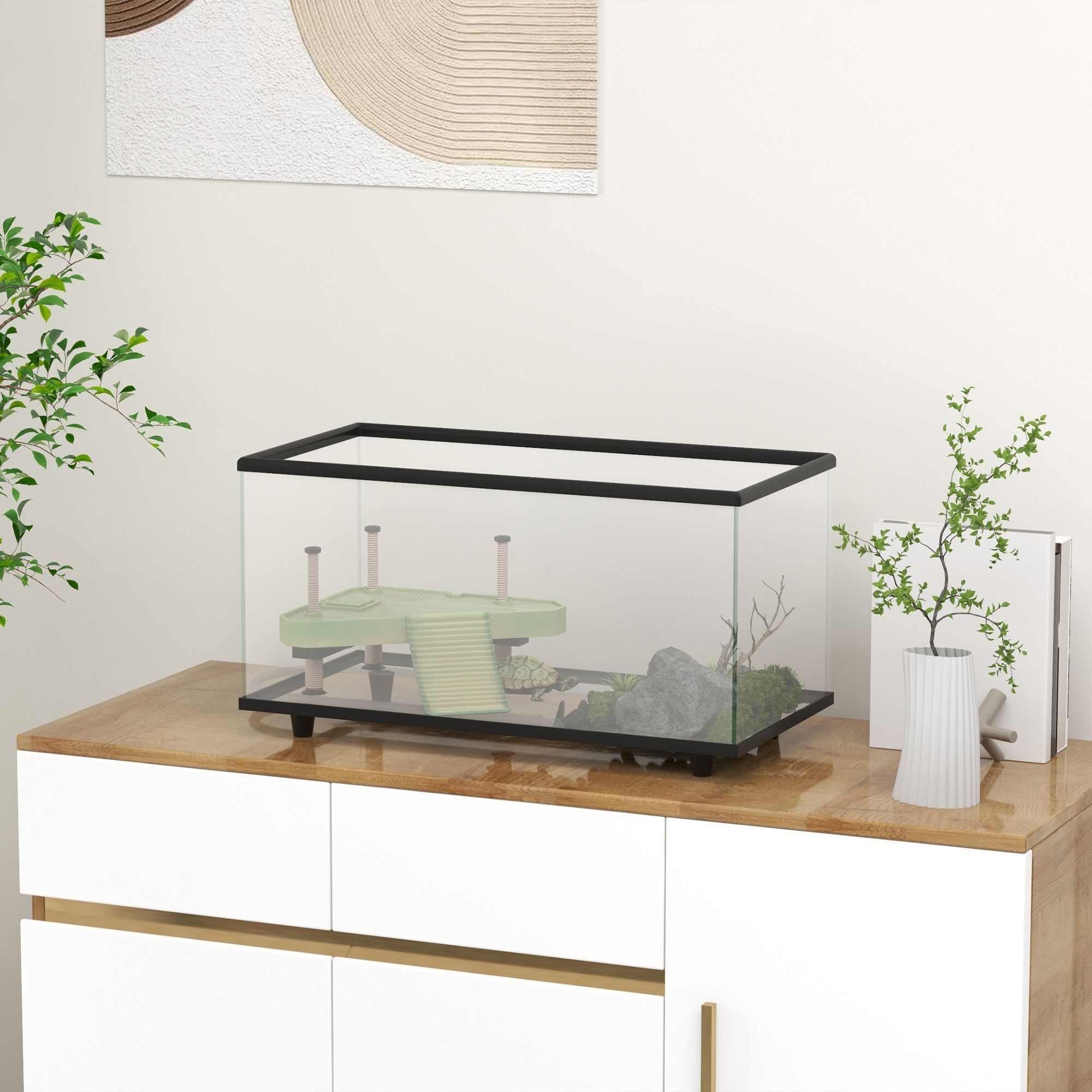 Pawhut 50l Glass Turtle Tank Aquarium With Basking Platform, Easy-drain, Strip Patch Thermometer