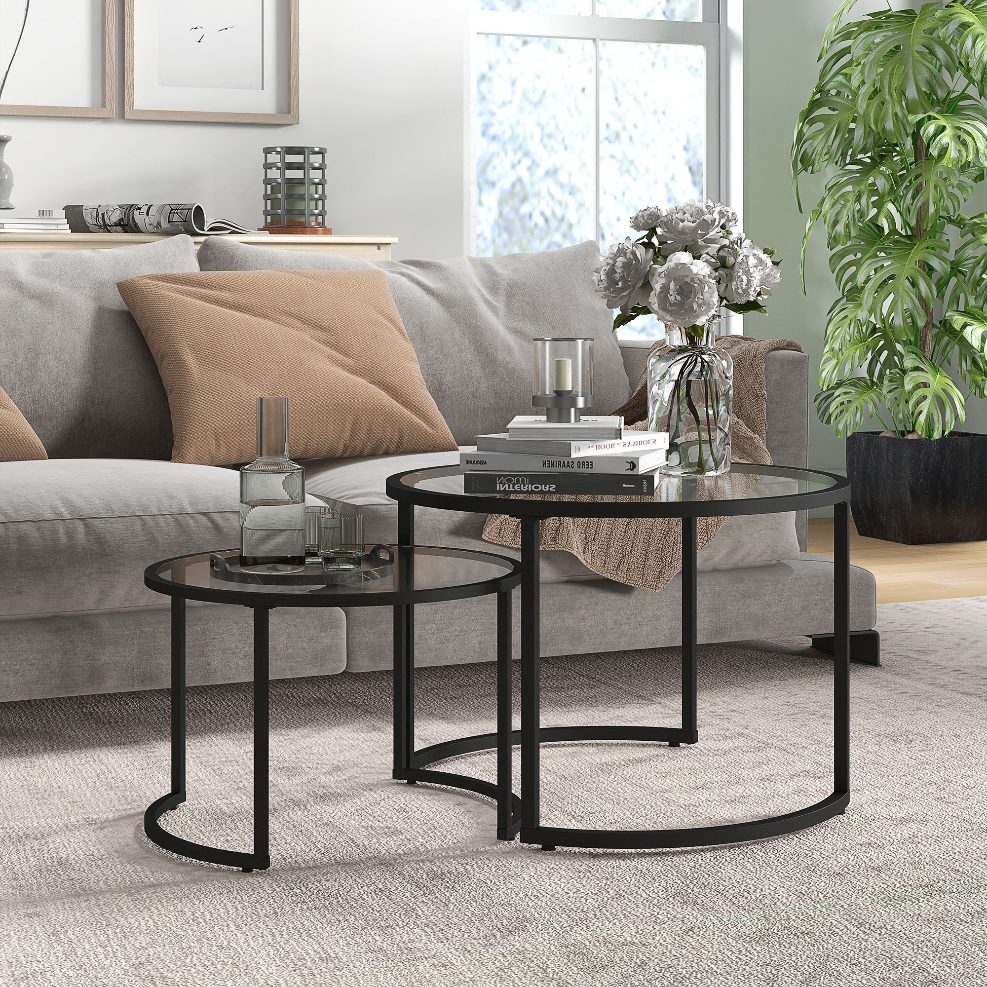 Homcom Glass Coffee Table Set Of 2, Round Nest Of Tables With Tempered Glass Tabletop And Steel Frame, Modern Side Tables For Living Room, Black