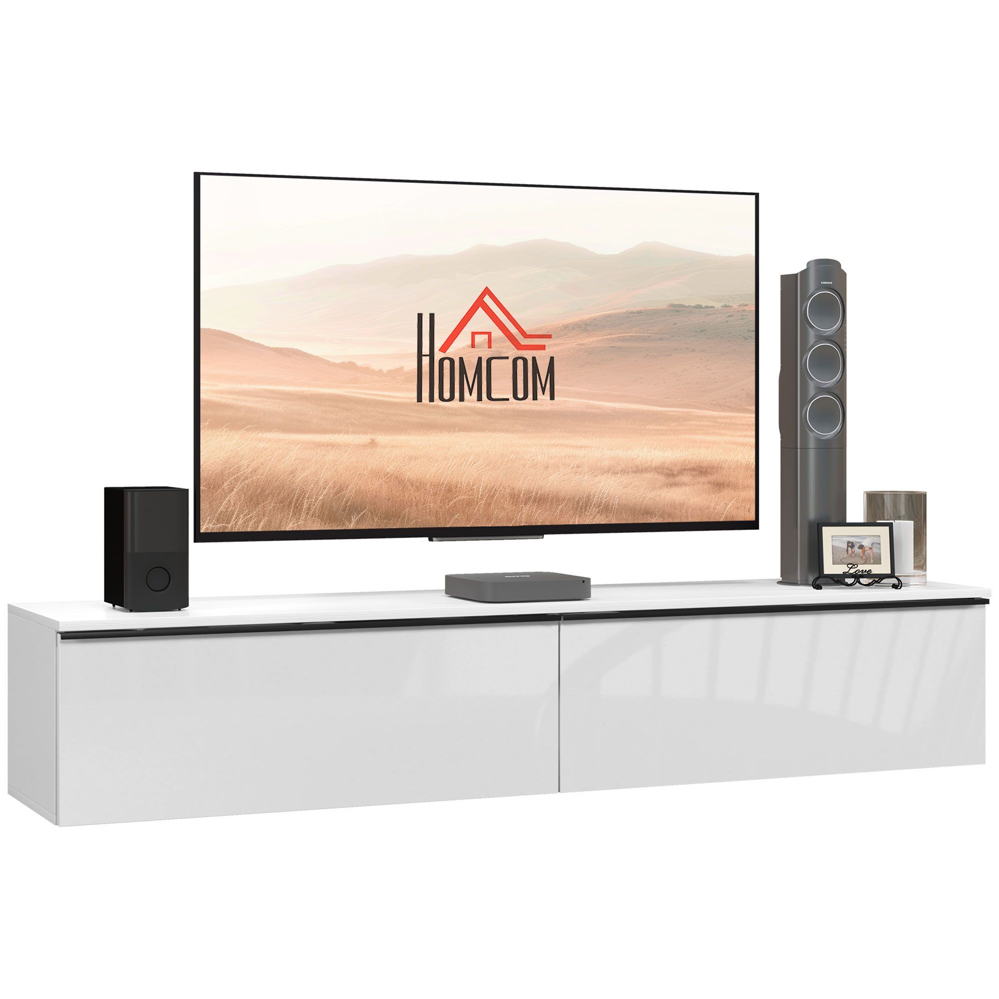 Homcom 160cm High Gloss Floating Tv Unit Stand For Tvs Up To 70", Wall Mounted Tv Cabinet With Storage Cupboards, White