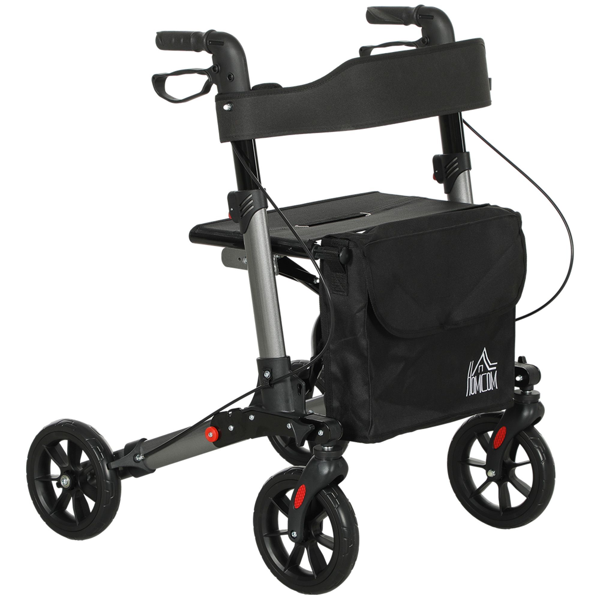 Homcom 4 Wheel Rollator With Seat And Back, Folding Mobility Walker With Carry Bag, Adjustable Height, Dual Brakes, Cane Holder, Lightweight Aluminium Walking Frame For Seniors And Disabled, Silver