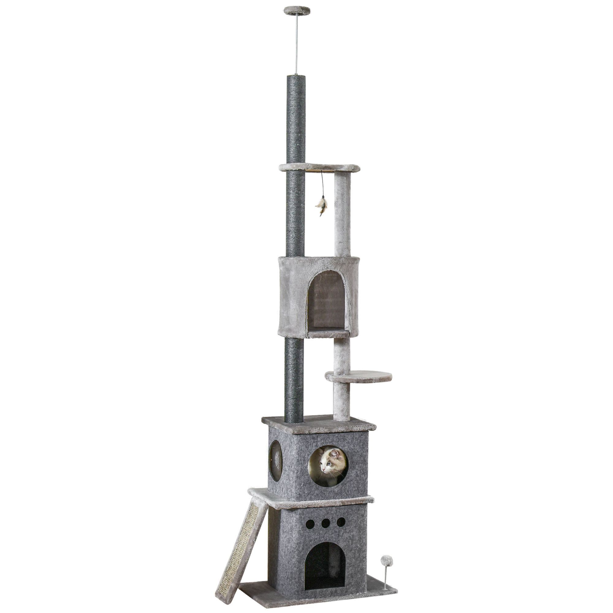 Pawhut 255cm Cat Climbing Tree Adjustable Kitty Activity Center Floor-to-ceiling Cat Climber Toy With Double Condo Play Rest Post Light Grey