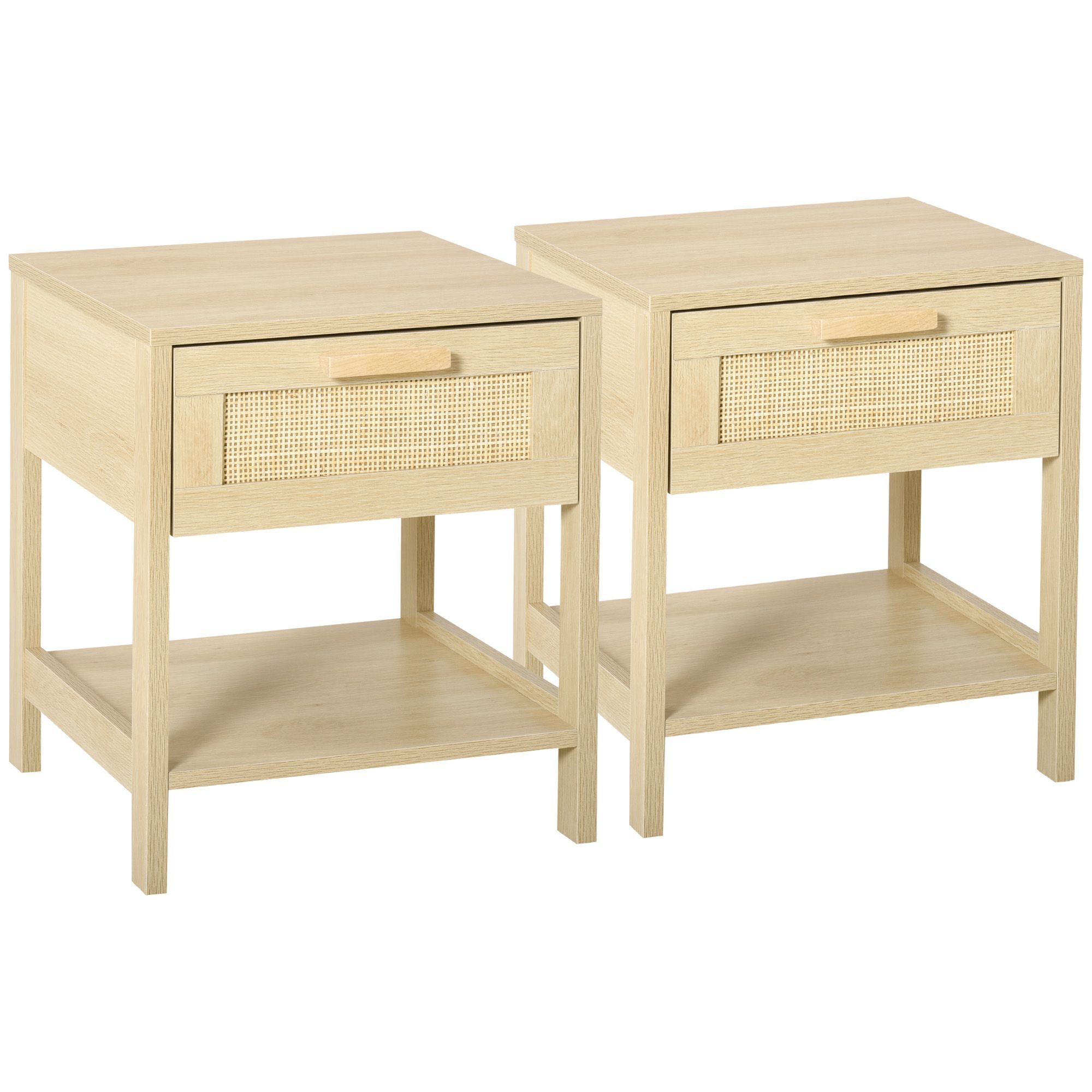 Homcom Bedside Table Set Of 2 With Rattan Drawer, Rustic Side Tables With Storage Shelf For Bedroom, Living Room, Natural