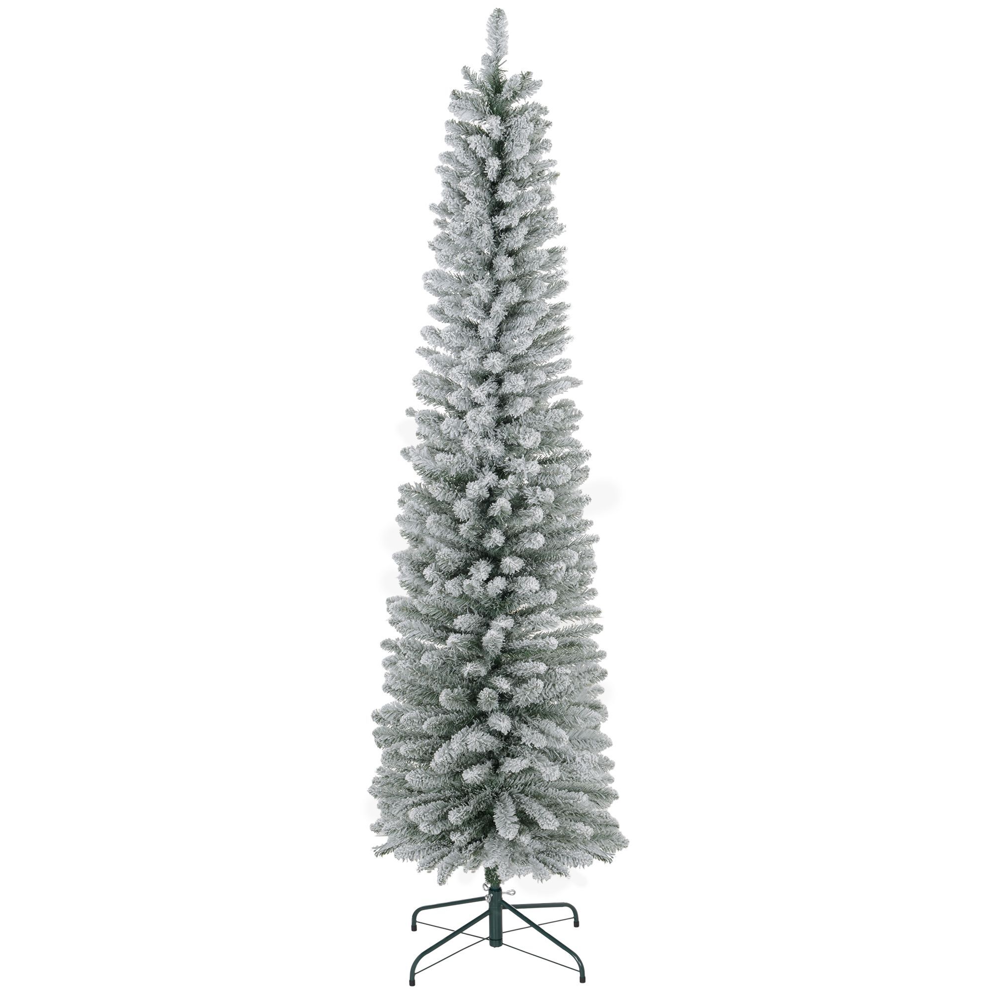 Homcom 7ft Artificial Pencil Christmas Tree With 405 Snow Flocked Tips, Metal Base, Realistic Xmas Tree