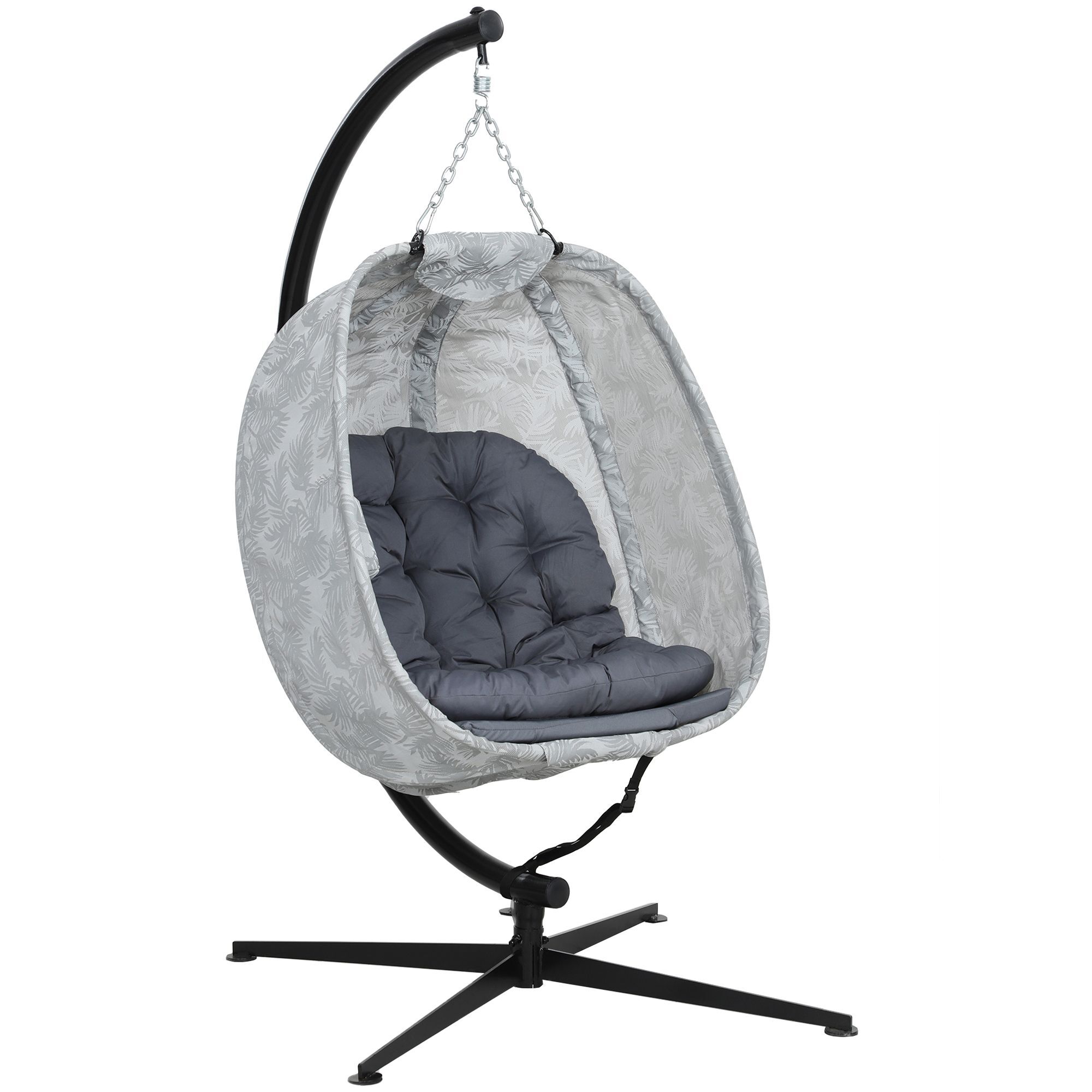 Outsunny Hanging Egg Chair Outdoor Indoor Garden Swing Chair With Folding Basket, Garden Hanging Chair With Stand, Thickened Cushion, Cup Holder For Patio, Balcony, Grey