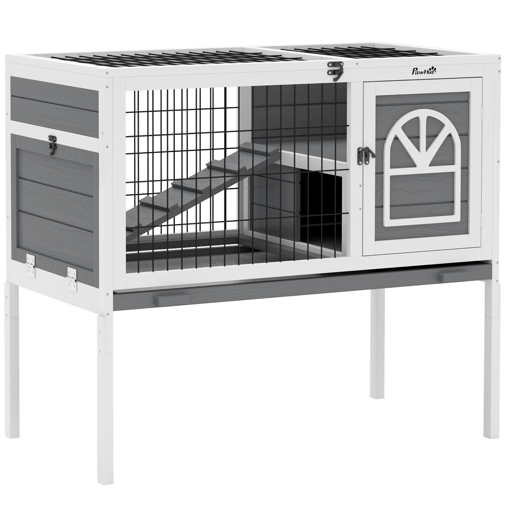Pawhut Wooden Rabbit Hutch, Guinea Pig Cage, With Removable Tray, Openable Roof, Grey