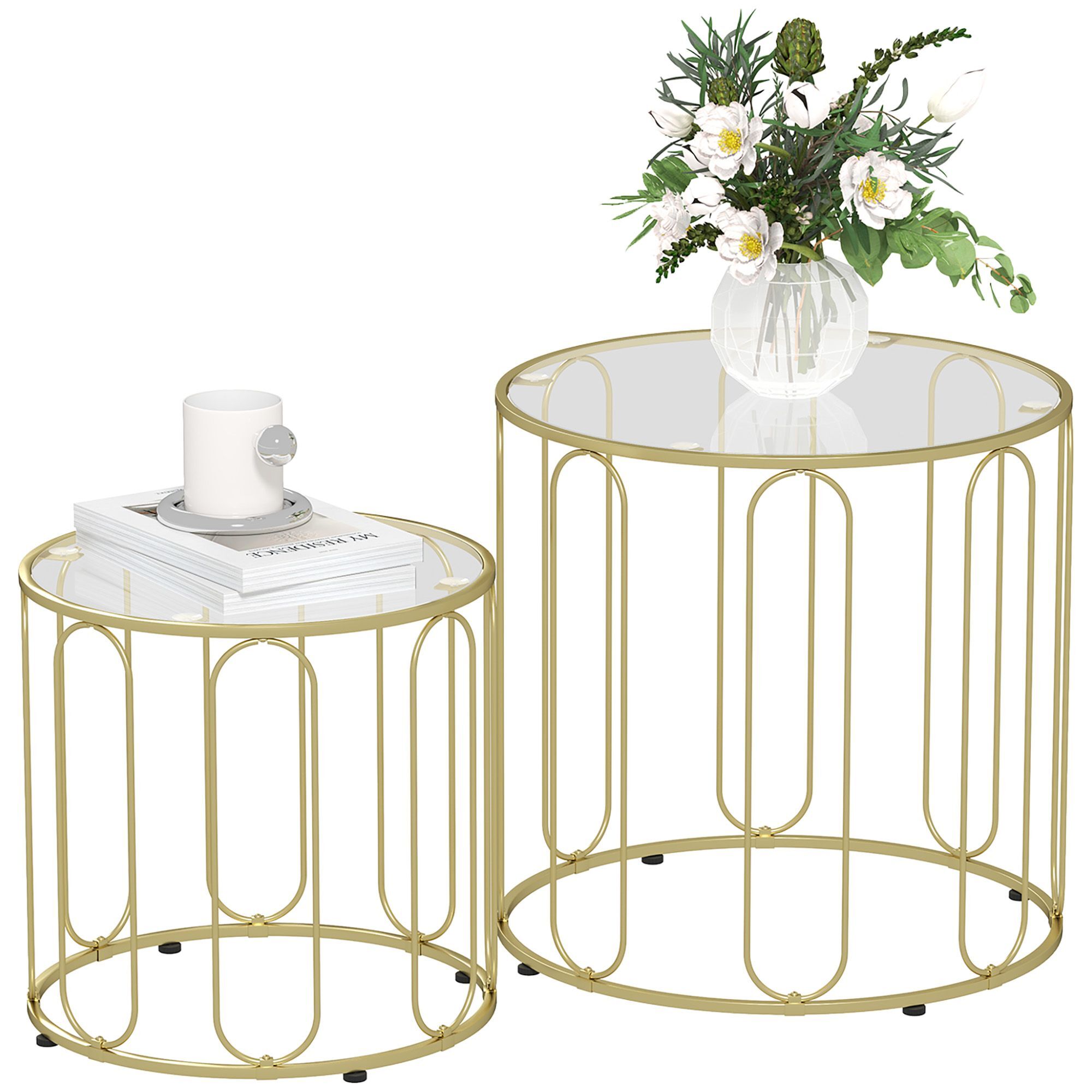 Homcom Round Coffee Table Set Of 2, Glass Nest Of Tables With Metal Frame And Tempered Glass Tabletop, Modern Side Tables For Living Room, Gold Tone