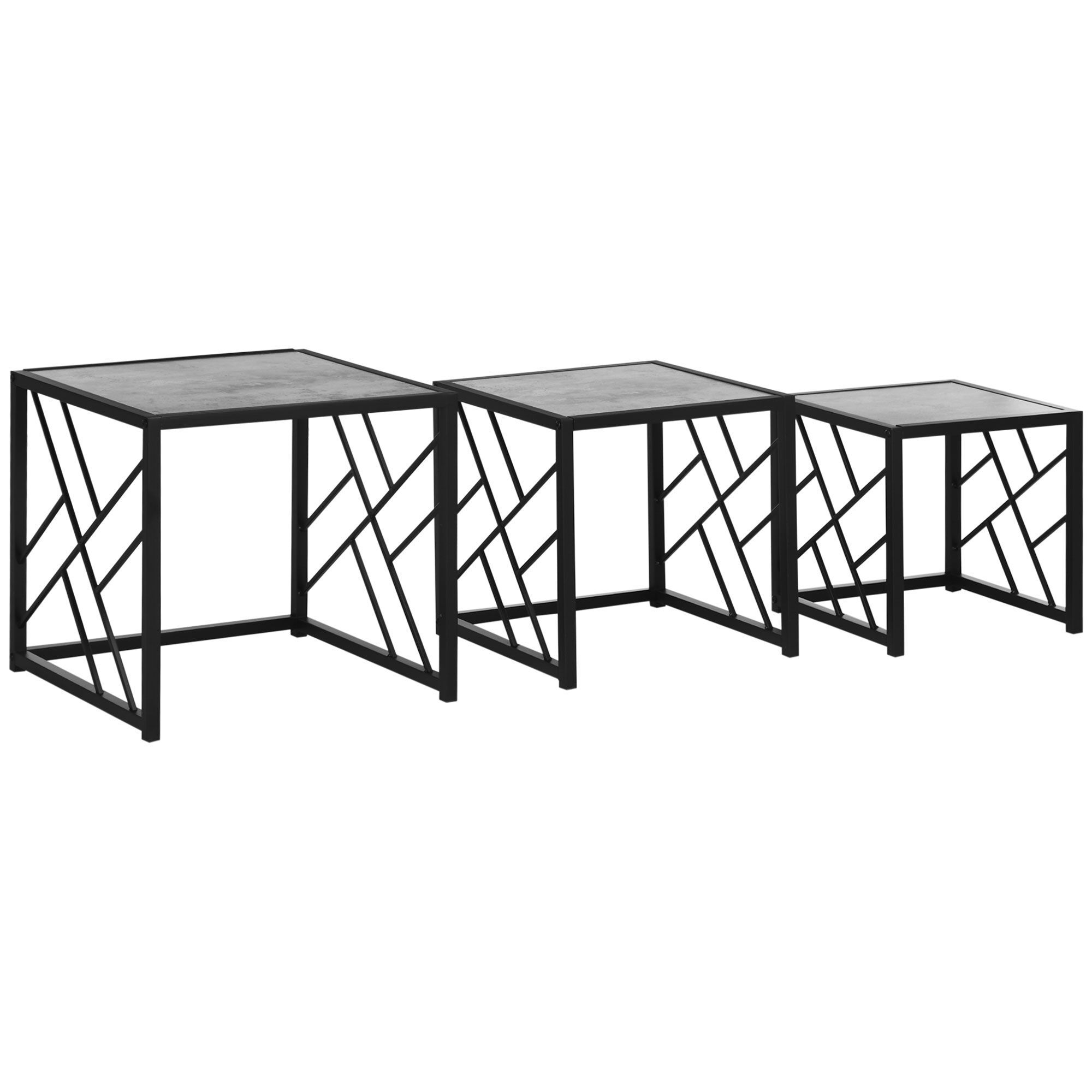 Homcom Set Of 3 Nest Of Tables, Square Side Tables With Black Metal Frame, Bedroom And Office, Grey