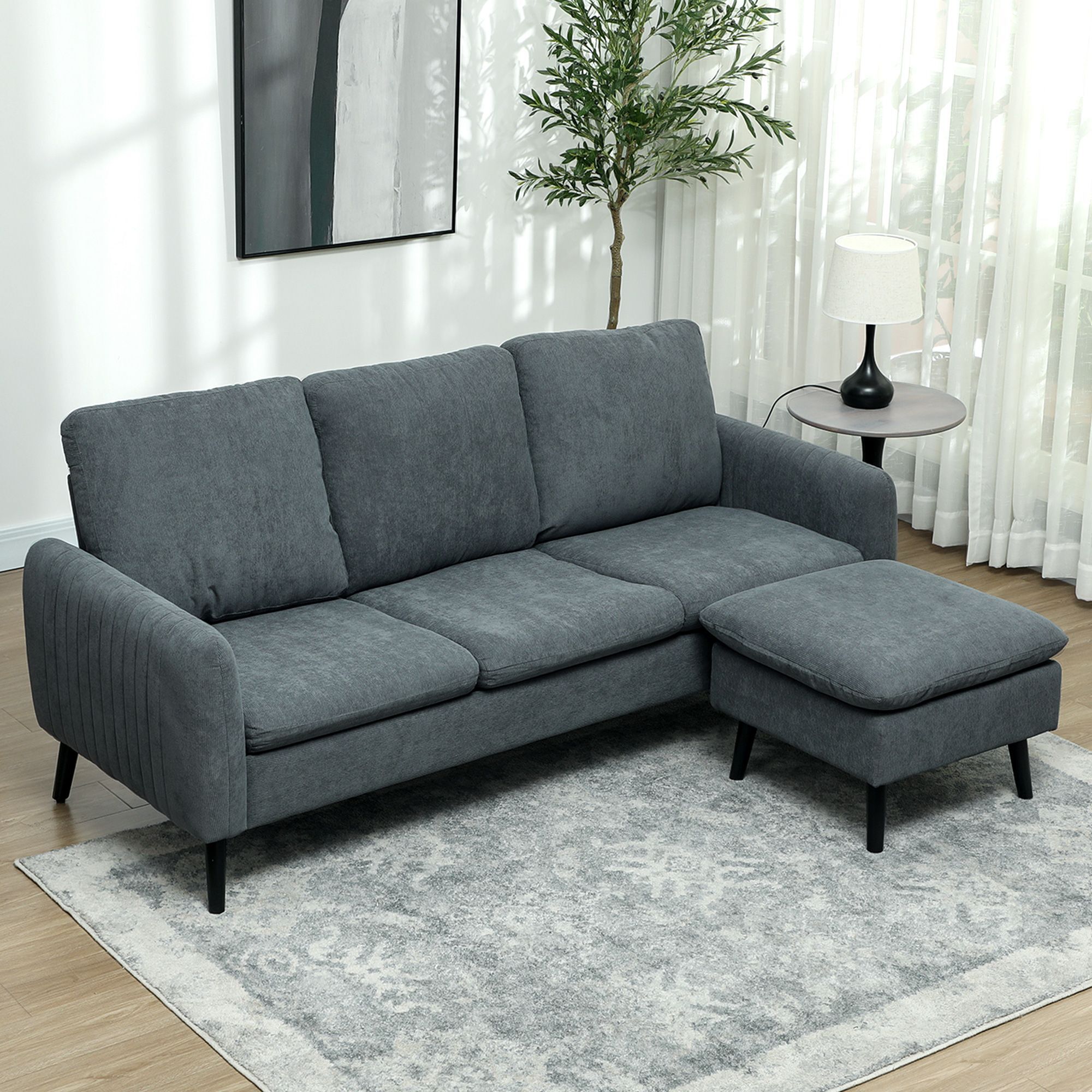 Homcom Corner Sofa With Reversible Chaise Lounge, Corduroy Fabric 3 Seater Sofa Settee For Living Room, L Shaped Couch With Scatter Back, Left/right Hand, Charcoal Grey