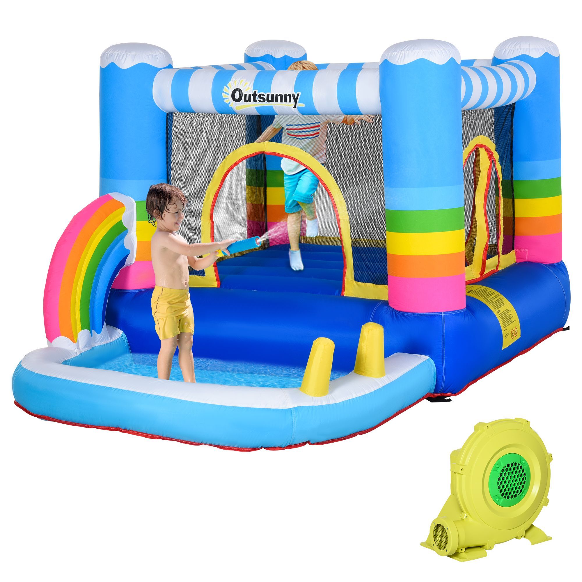 Outsunny Kids Bouncy Castle House Inflatable Trampoline Water Pool 2 In 1 With Blower For Kids Age 3-12 Rainbow Design 2.9 X 2 X 1.55m