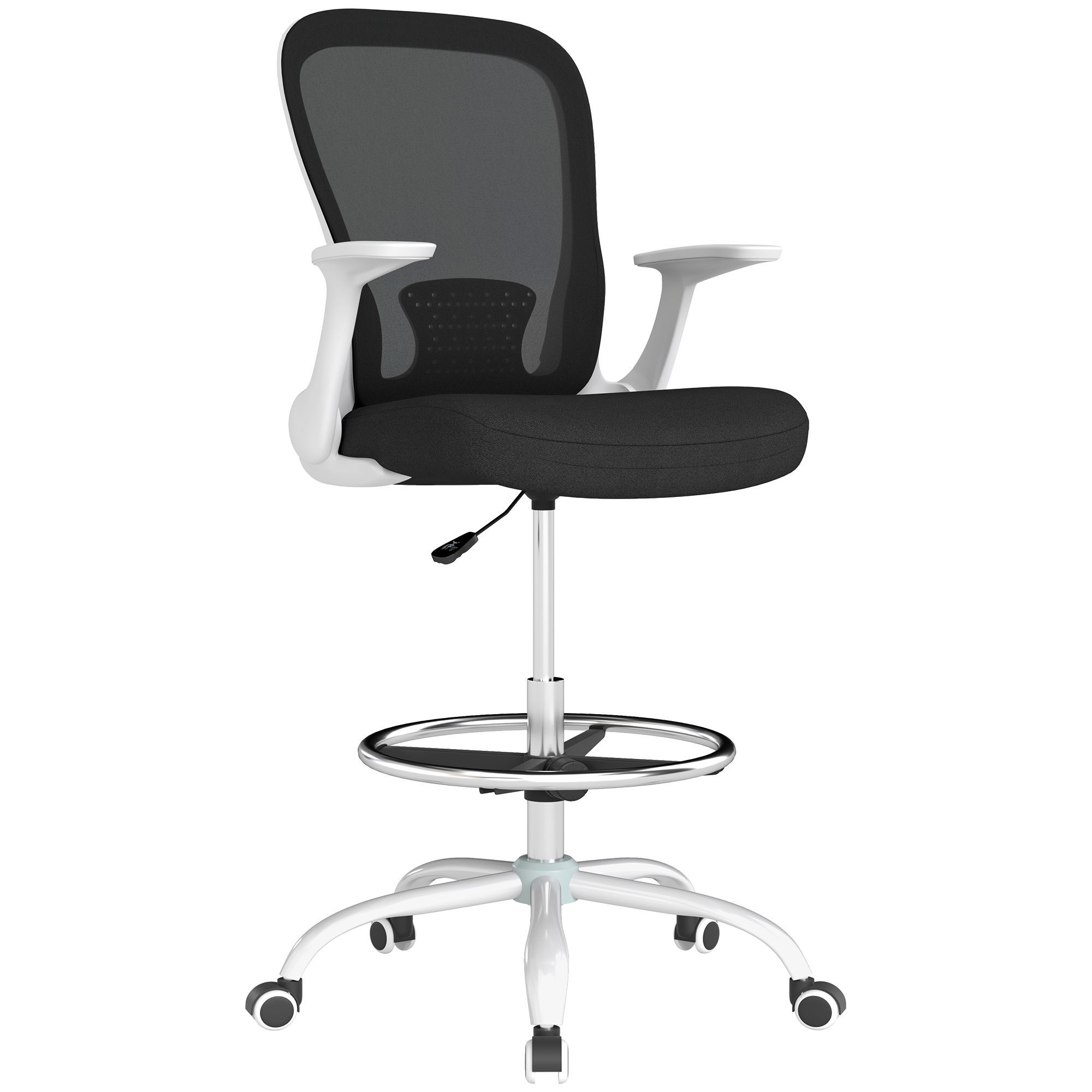 Homcom Draughtsman Chair, Mesh Drafting Chair, Ergonomic Office Chair With Flip-up Armrest, Adjustable Foot Ring, Black White