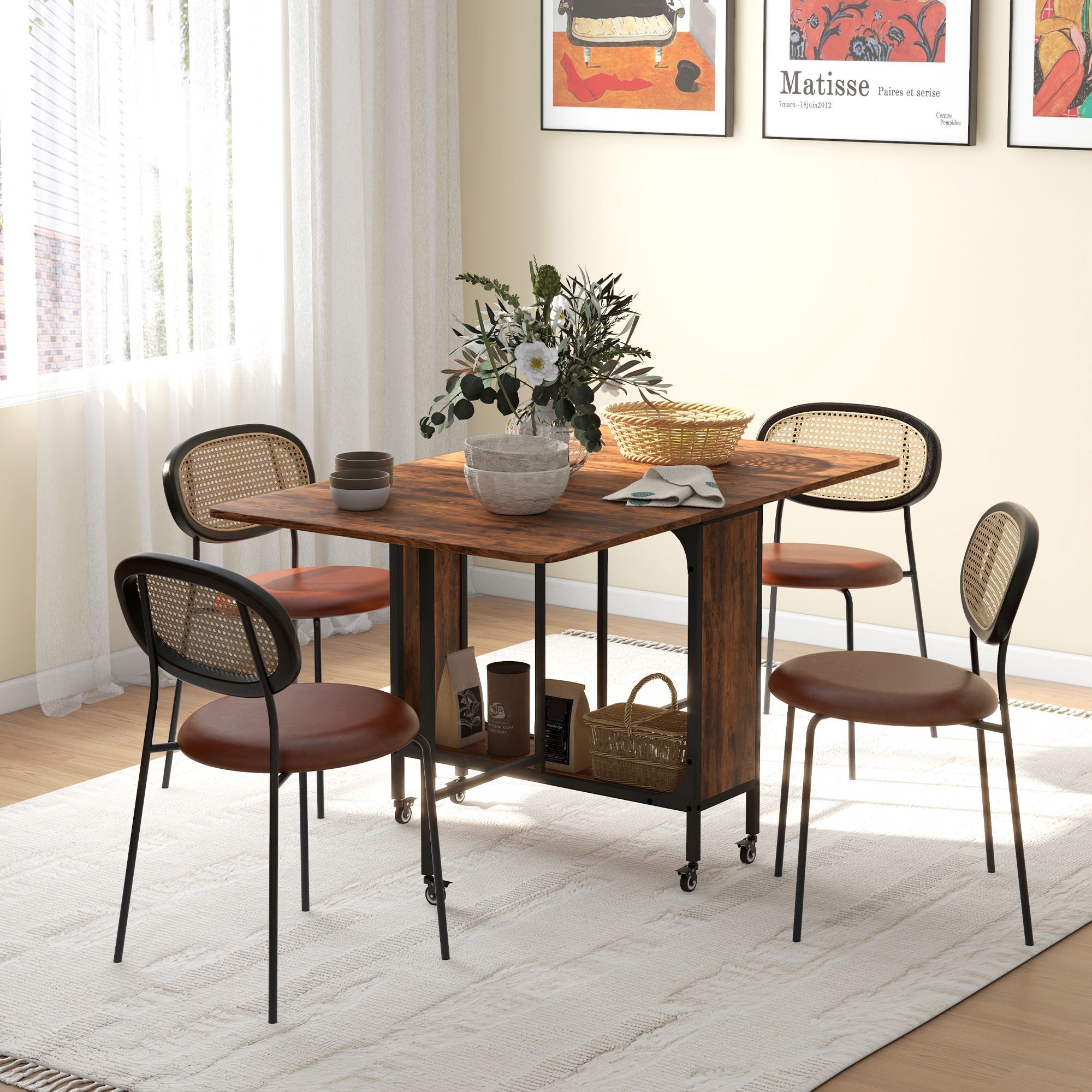Homcom Mobile Drop Leaf Table Folding Kitchen Table Extendable Dining Table For Small Spaces With 6 Wheels & Storage Shelf Rustic Brown