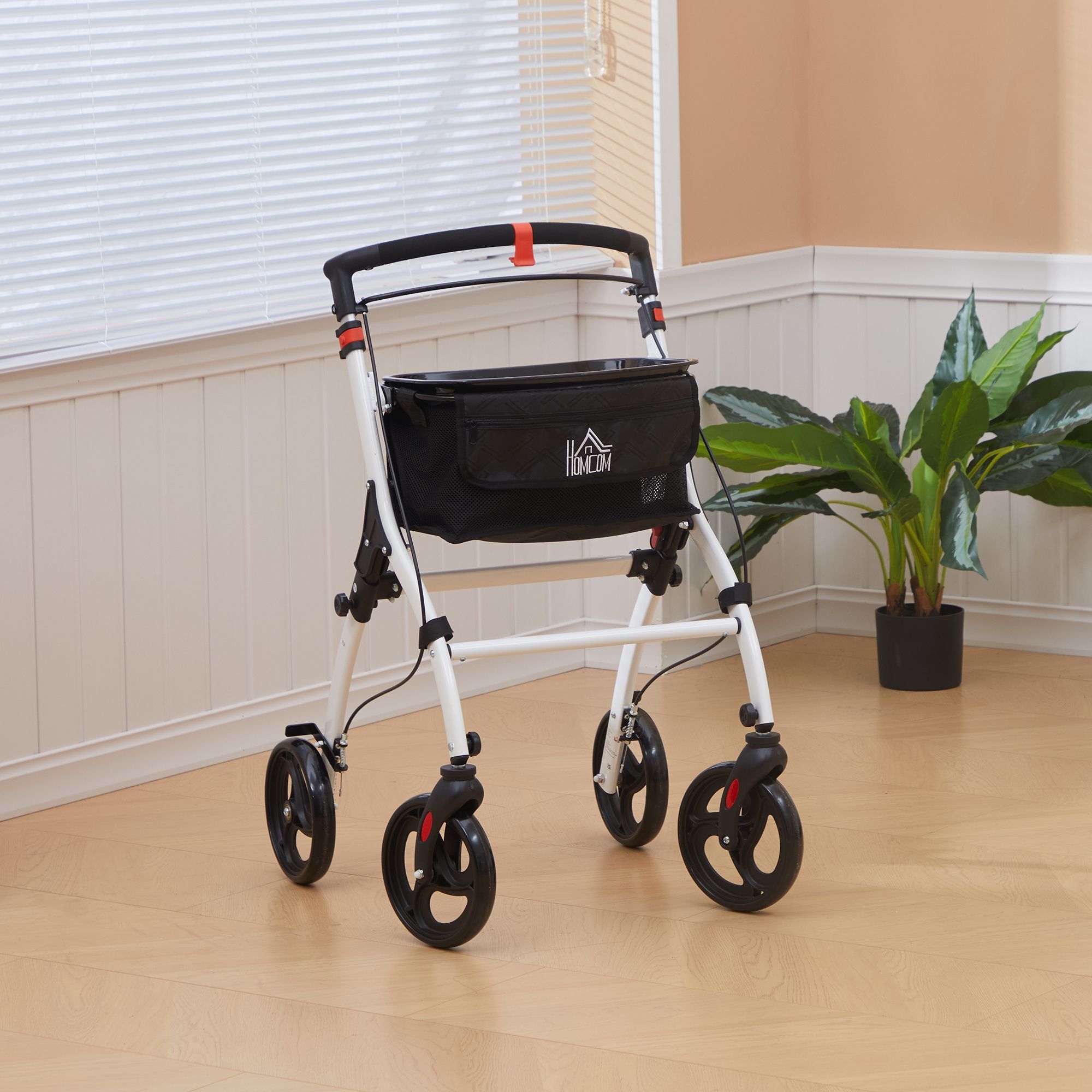 Homcom Folding Upright Rollator Walker With Lightweight Walking Frame, Storage Bag, Tray, Dual Brakes, Adjustable Handle Height, Mobility Aid Rolling 4 Wheeled Walker For Seniors, White