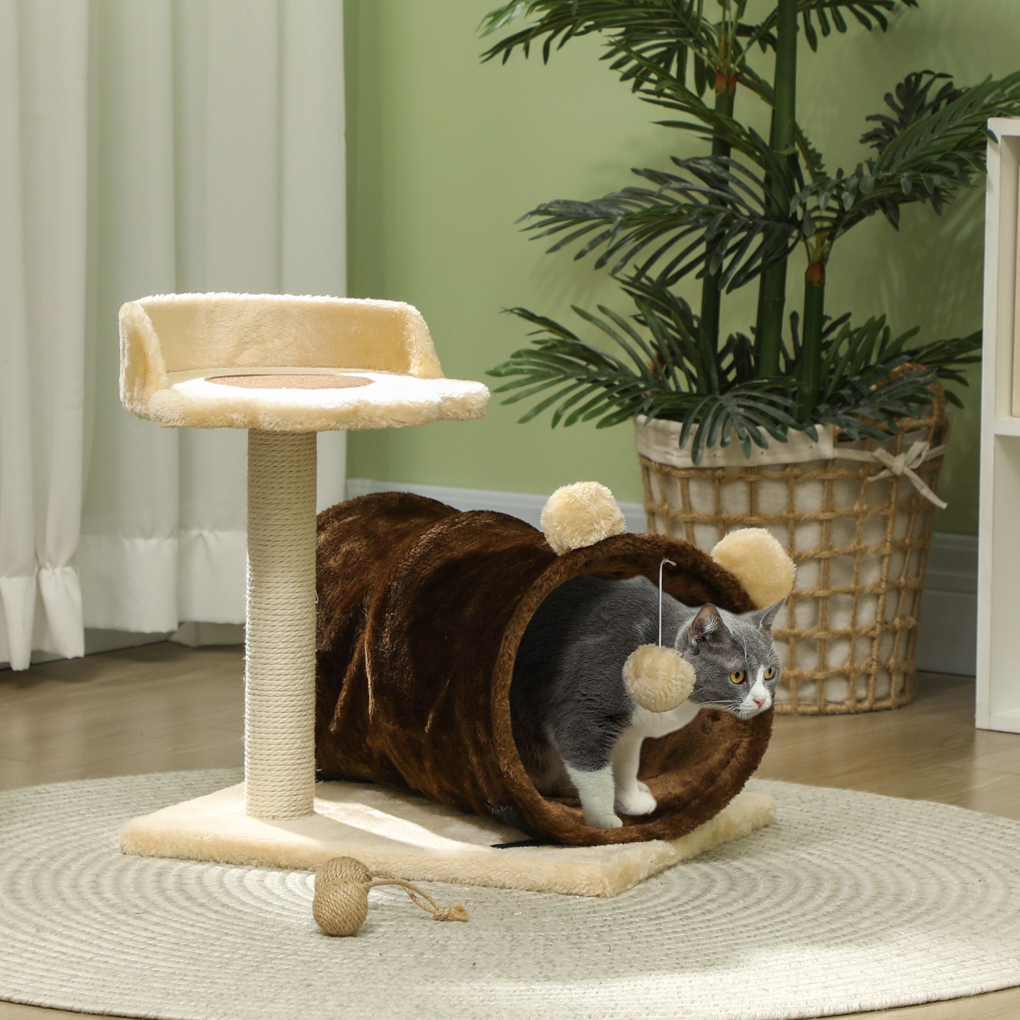 Pawhut 47cm Small Cat Tree W/ Scratching Post, Bed, Cat Tunnel, Toy Ball, Dark Brown
