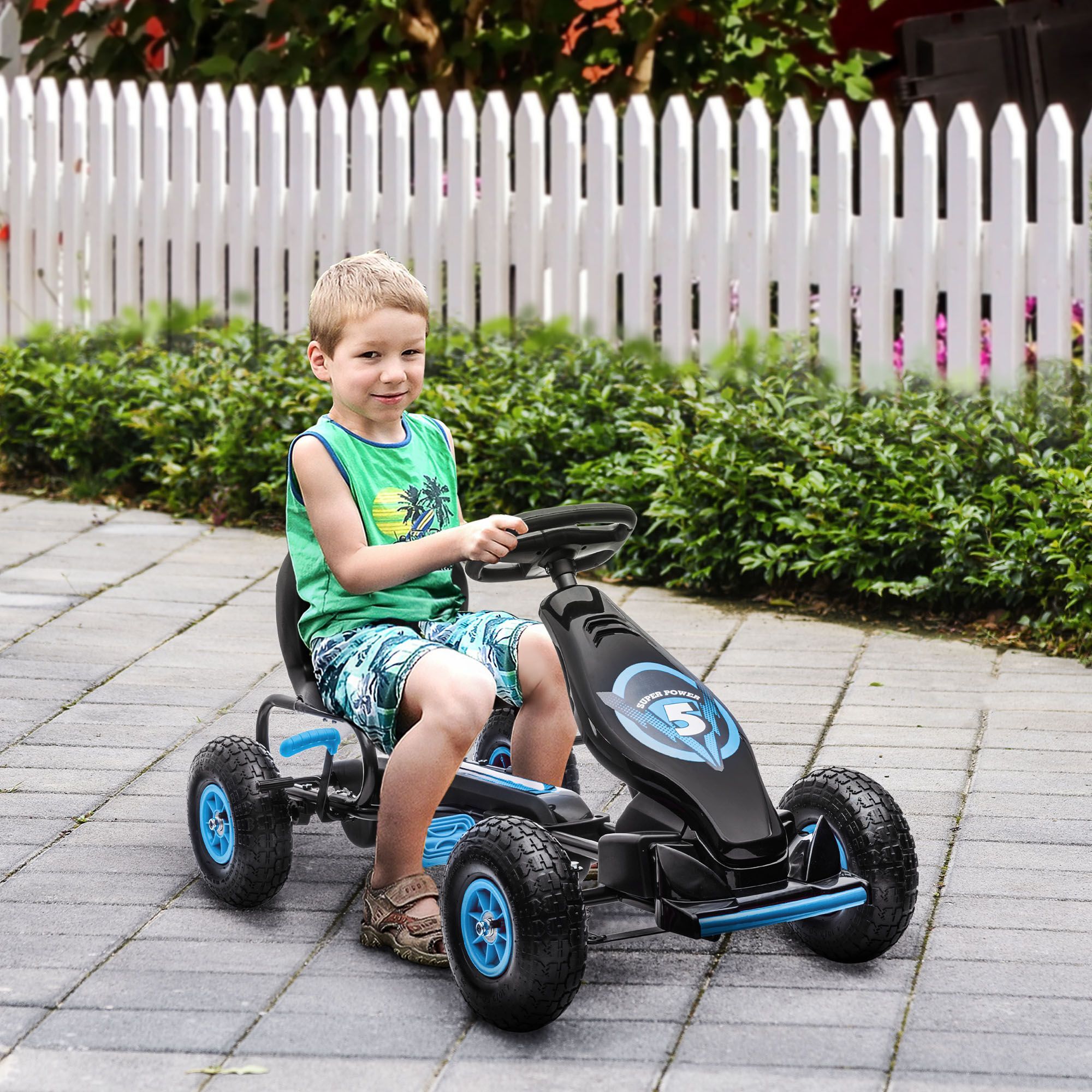 Homcom Kids Pedal Go Kart, With Adjustable Seat, Inflatable Tyres - Blue