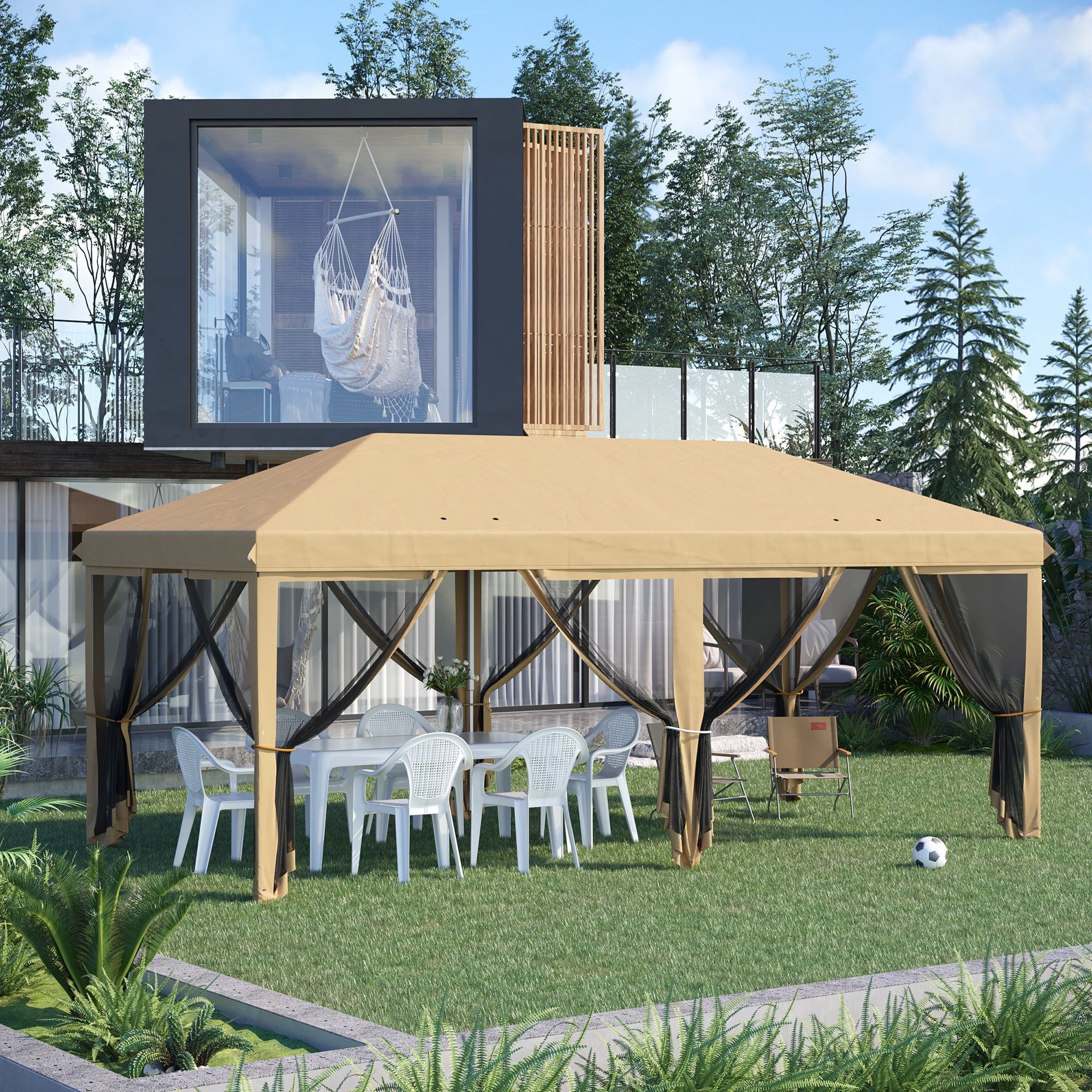 Outsunny 6 X 3(m) Pop Up Gazebo, Outdoor Canopy Shelter, Marquee Party Wedding Tent With 6 Mesh Walls And Carry Bag, Beige