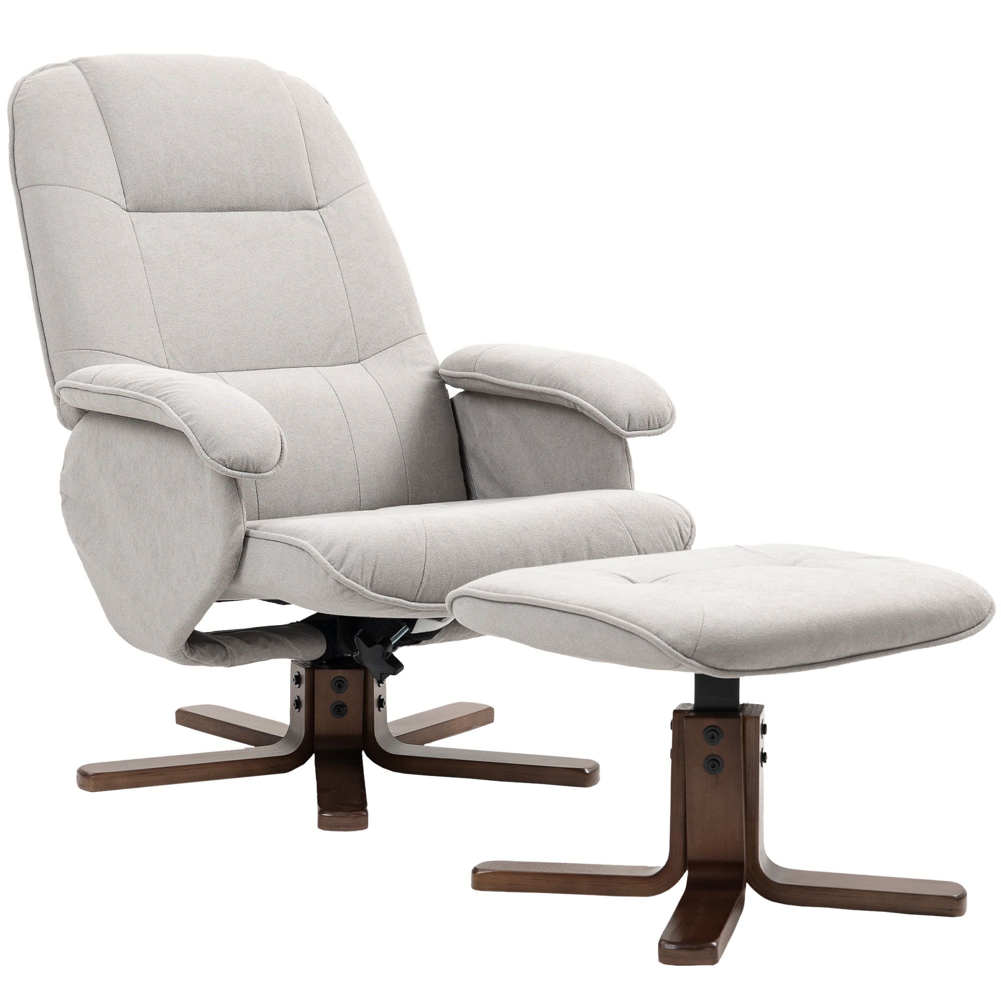 Homcom Linen Swivel Recliner Chair With Footstool, Upholstered Reclining Armchair With Wooden Base For Living Room, Light Grey