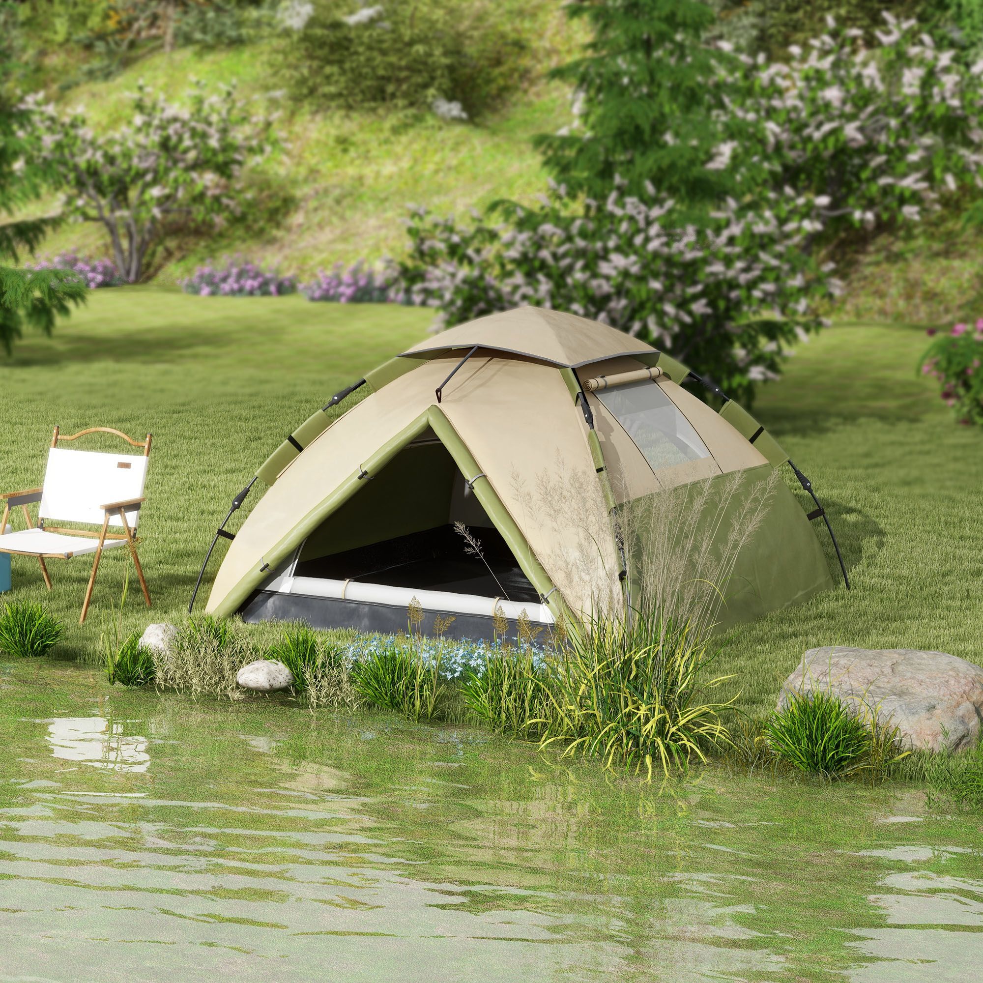 Outsunny 3-4 Man Camping Tent, Family Tent, 2000mm Waterproof, Portable With Bag, Quick Setup, Dark Green