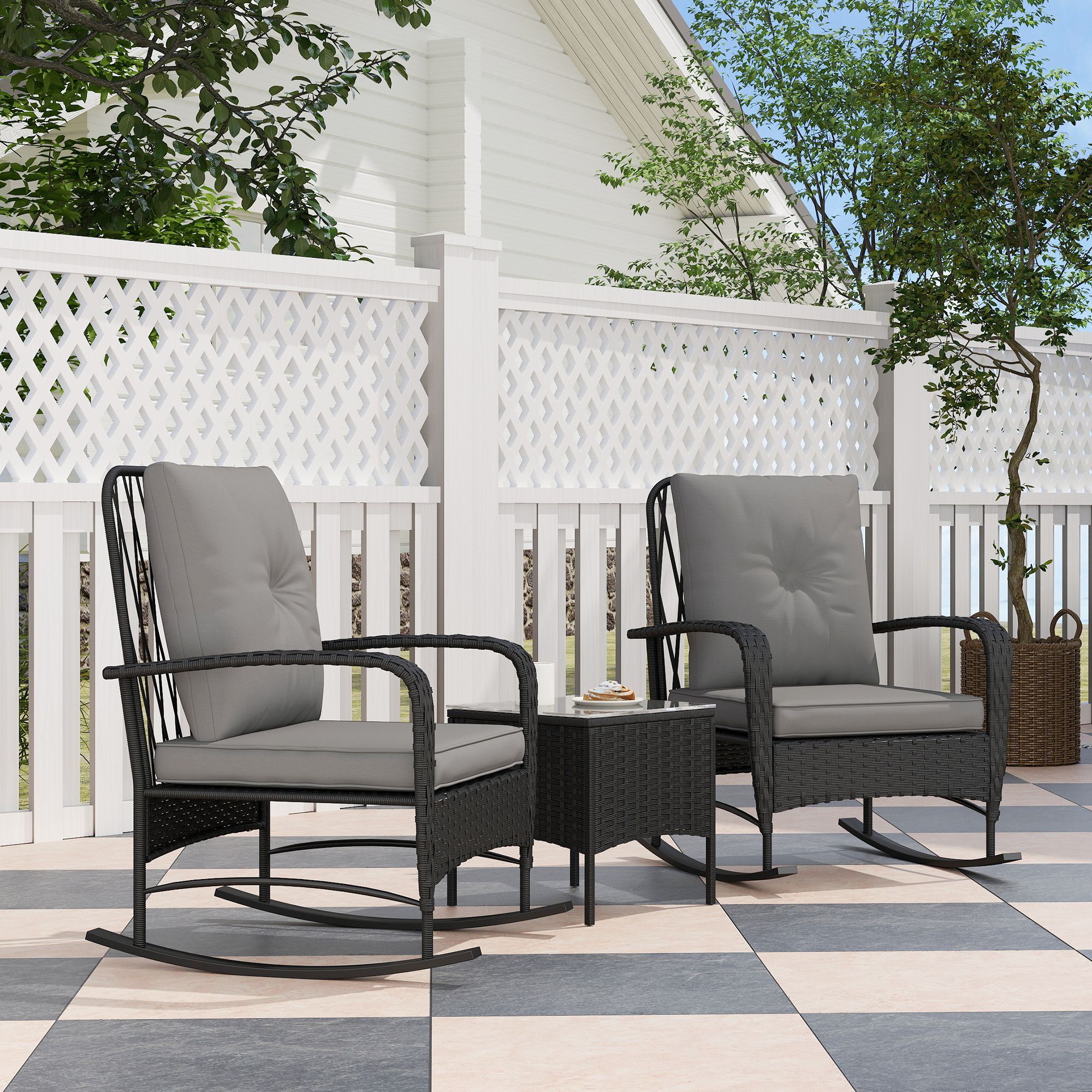 Outsunny Three-piece Rocking Chair Rattan Bistro Set - Black