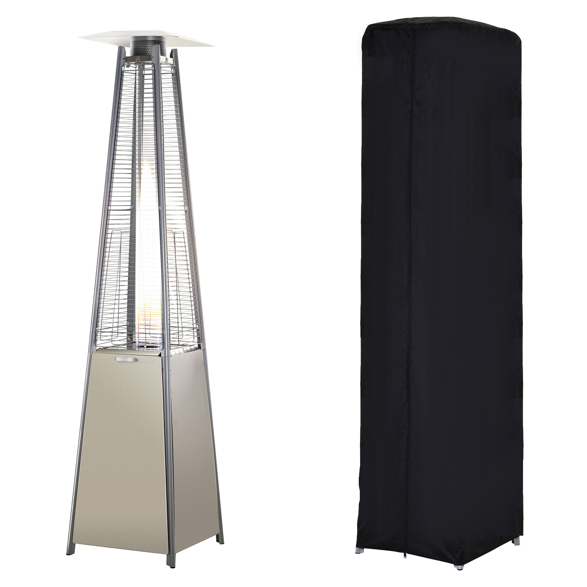 Outsunny 10.5kw Stainless Steel Outdoor Garden Patio Pyramid Heating Propane Gas Real Flame Heater Warmer Glass Tube W/ Wheels And Rain Cover, Silver