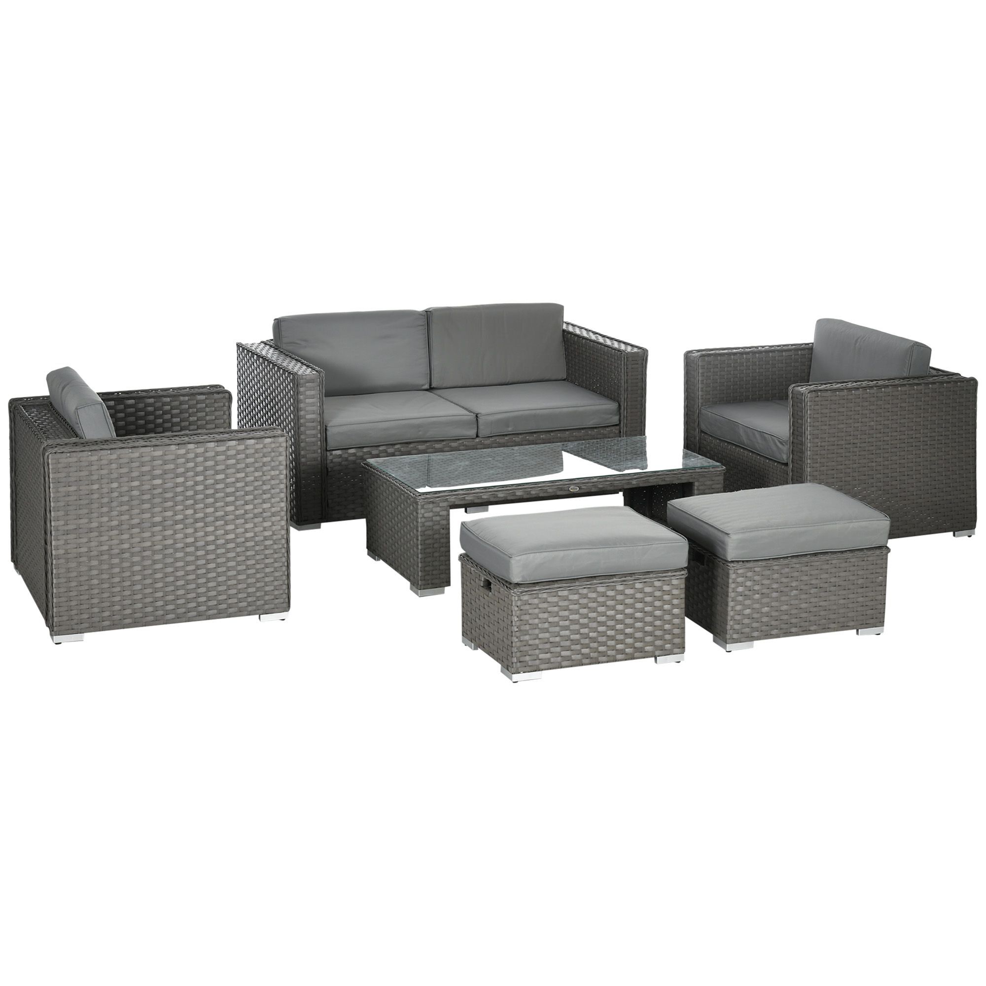 Outsunny 6pc Garden Rattan Sofa Set Outdoor Furniture Patio Table Loveseat Stool Lounging Ottoman Aluminium Frame Wicker Weave Conservatory Grey