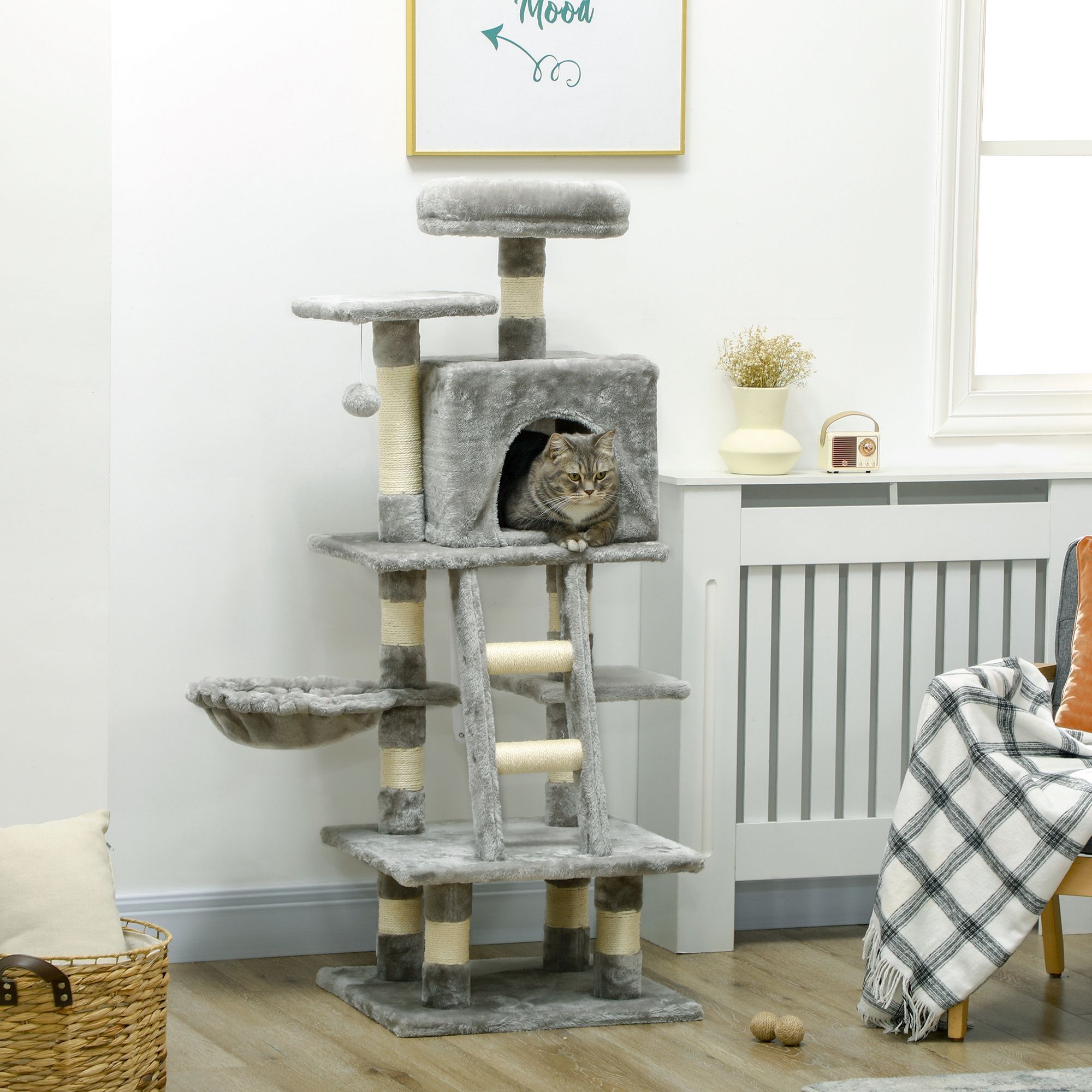 Pawhut 132cm Cat Tree With Scratching Post, House, Hammock, Grey