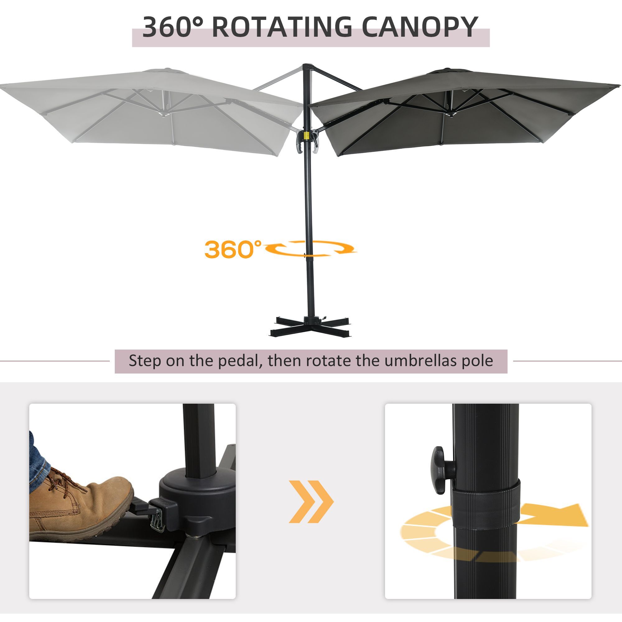 Outsunny 2.5 X 2.5m Patio Offset Parasol Cantilever Umbrella Sun Shade Canopy Shelter 360° Rotation With Crank Handle And Cross Base, Grey