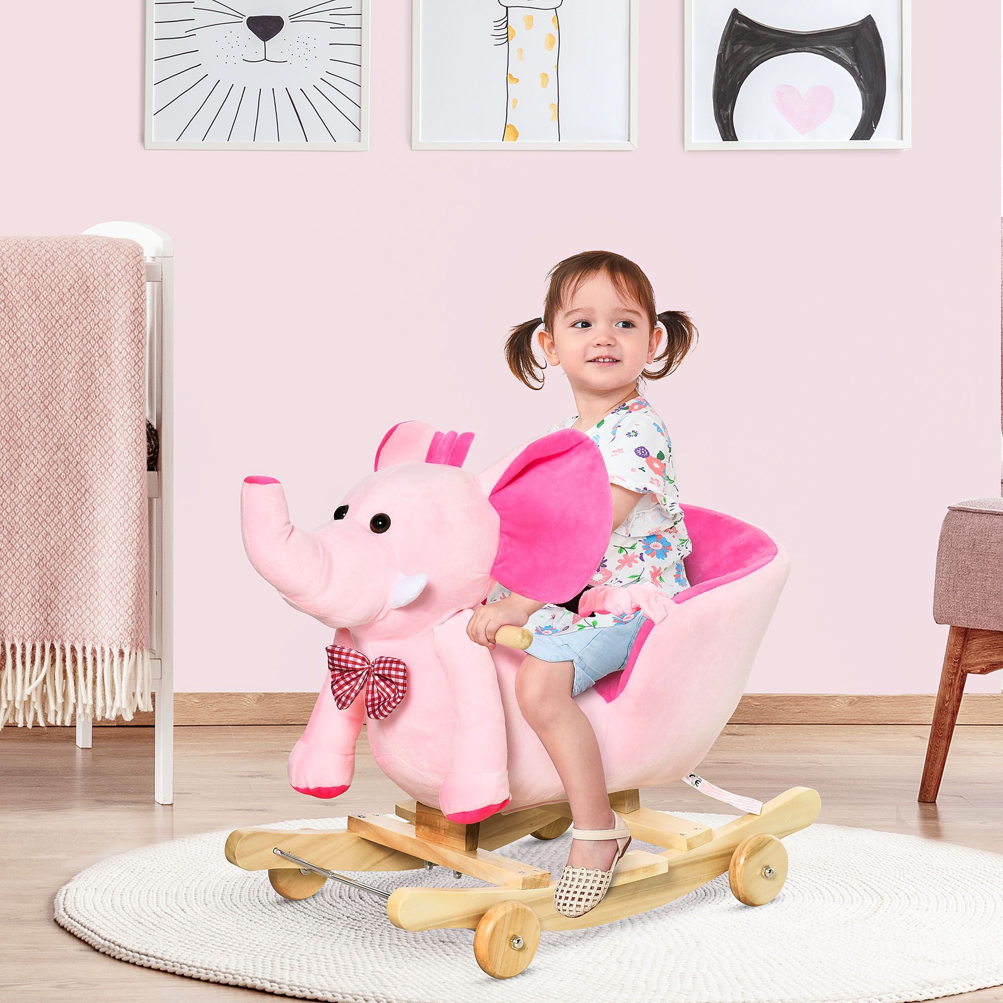 Homcom 2 In 1 Plush Baby Ride On Rocking Horse Elephant Rocker With Wheels Wooden Toy For Kids 32 Songs (pink)