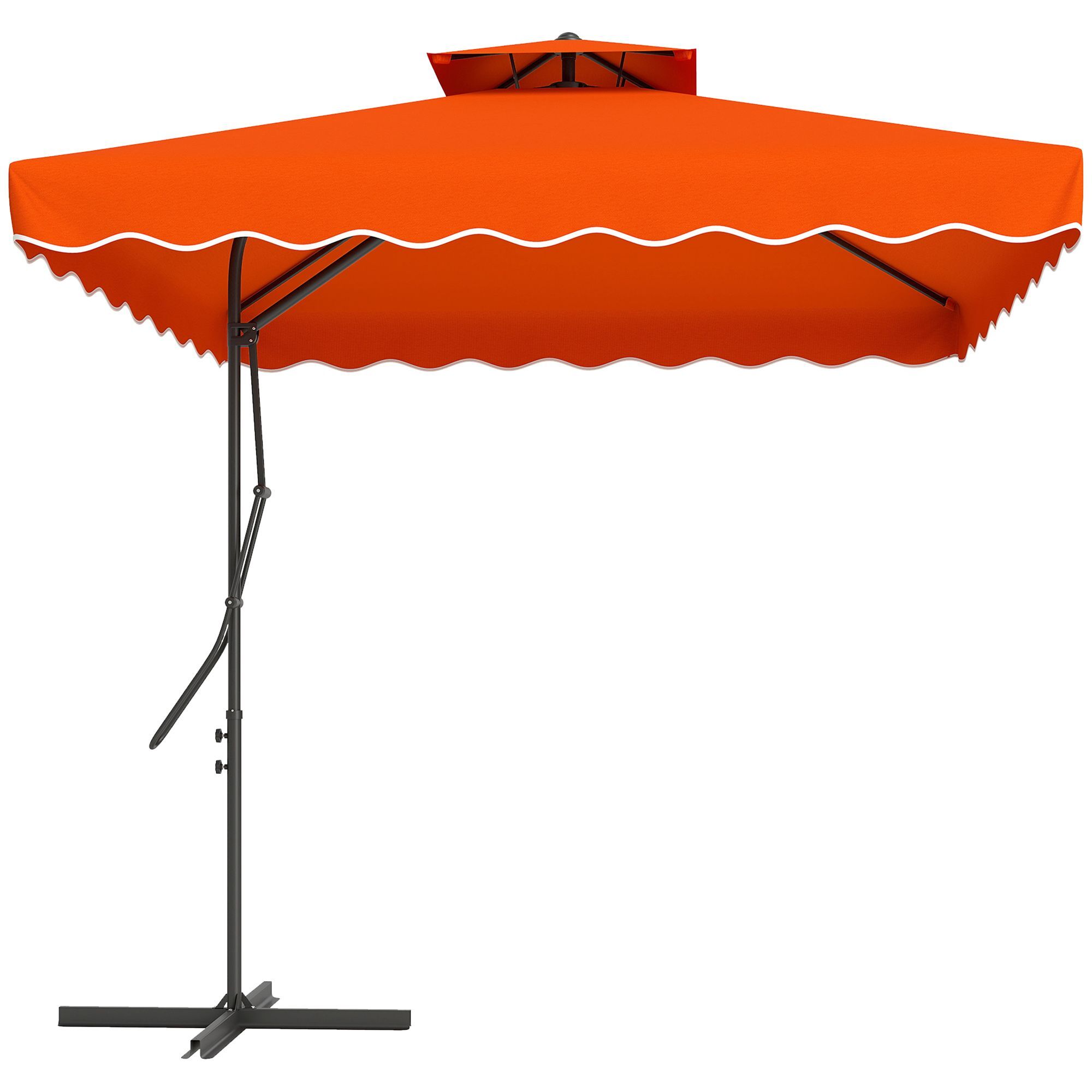 Outsunny 2.5m Cantilever Parasol With Easy Lever, Square Double Top Garden Parasol Umbrella With Ruffles And Cross Base, Overhanging Outdoor Sun Shades, Orange