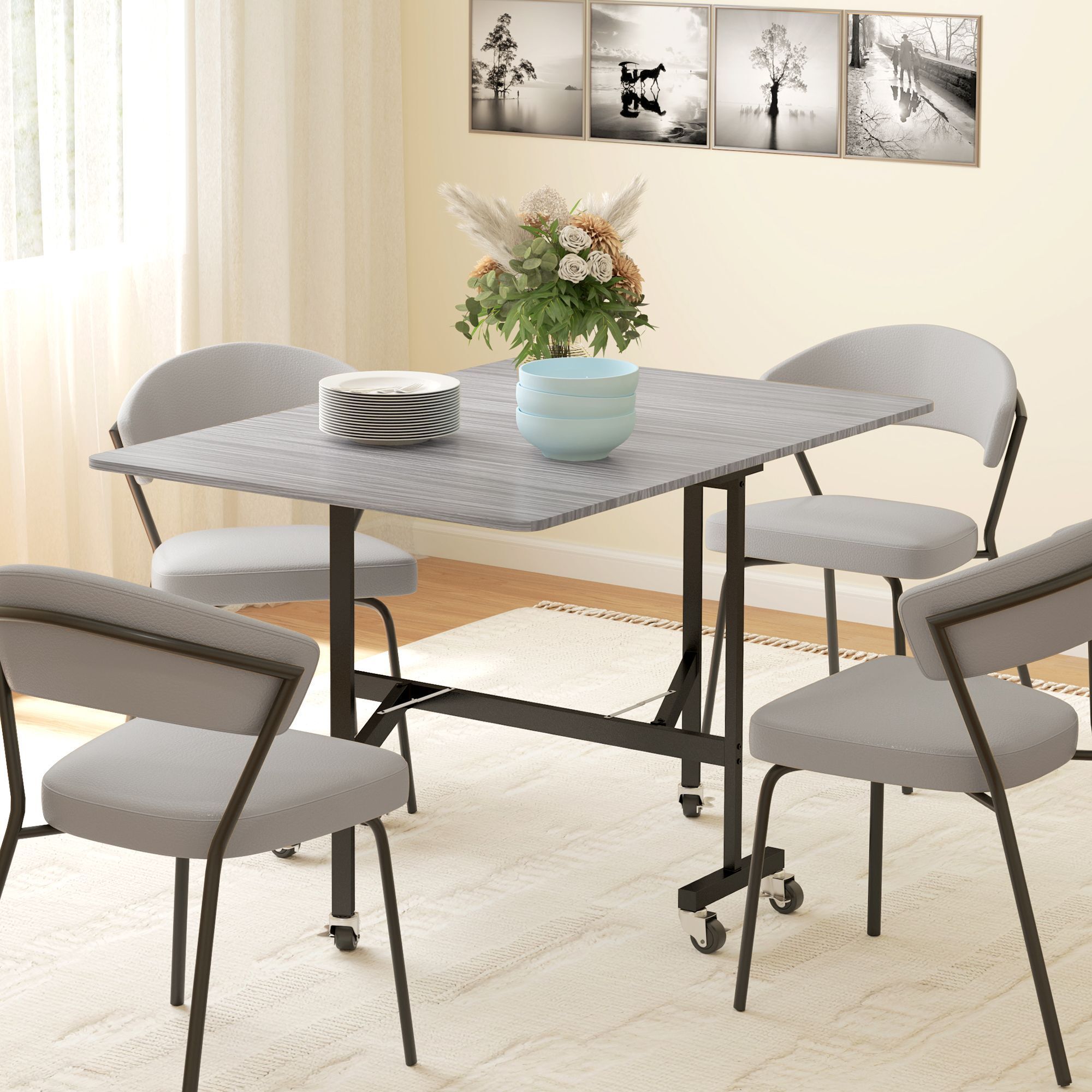 Homcom Mobile Drop Leaf Table, Folding Dining Table With 6 Wheels & Brakes, Kitchen Table For Small Spaces, Grey