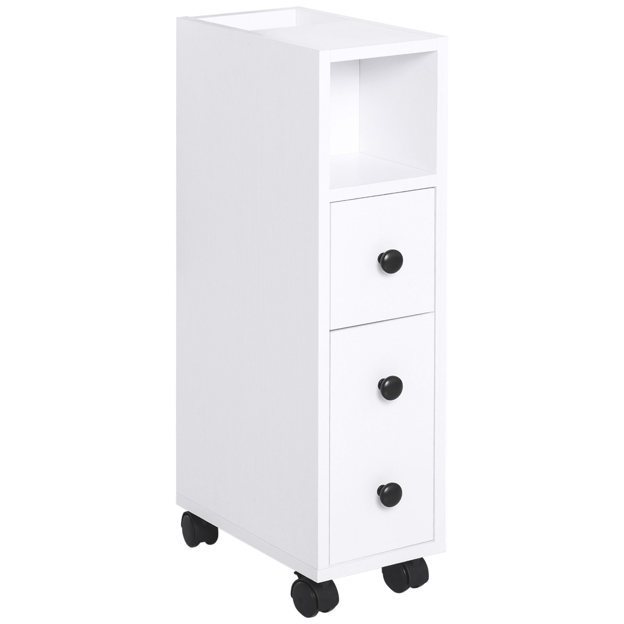 Kleankin Slimline Bathroom Storage Unit W/ 2 Drawers 2 Open Compartments Wheels Handles Freestanding Compact Home Office Furniture White