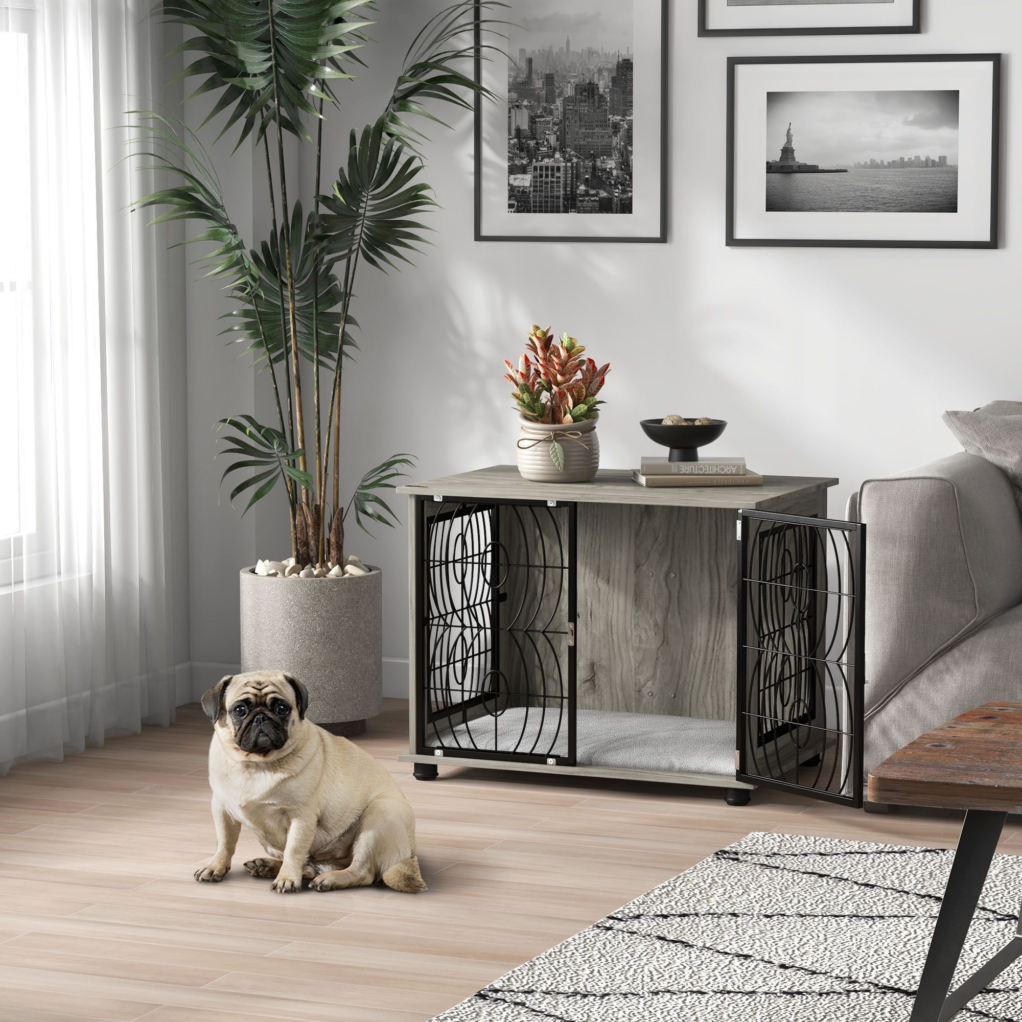 Pawhut 29.5" Indoor Dog Crate Furniture End Table W/ Plush Washable Cushion, Lockable Door, For Medium Size Dogs
