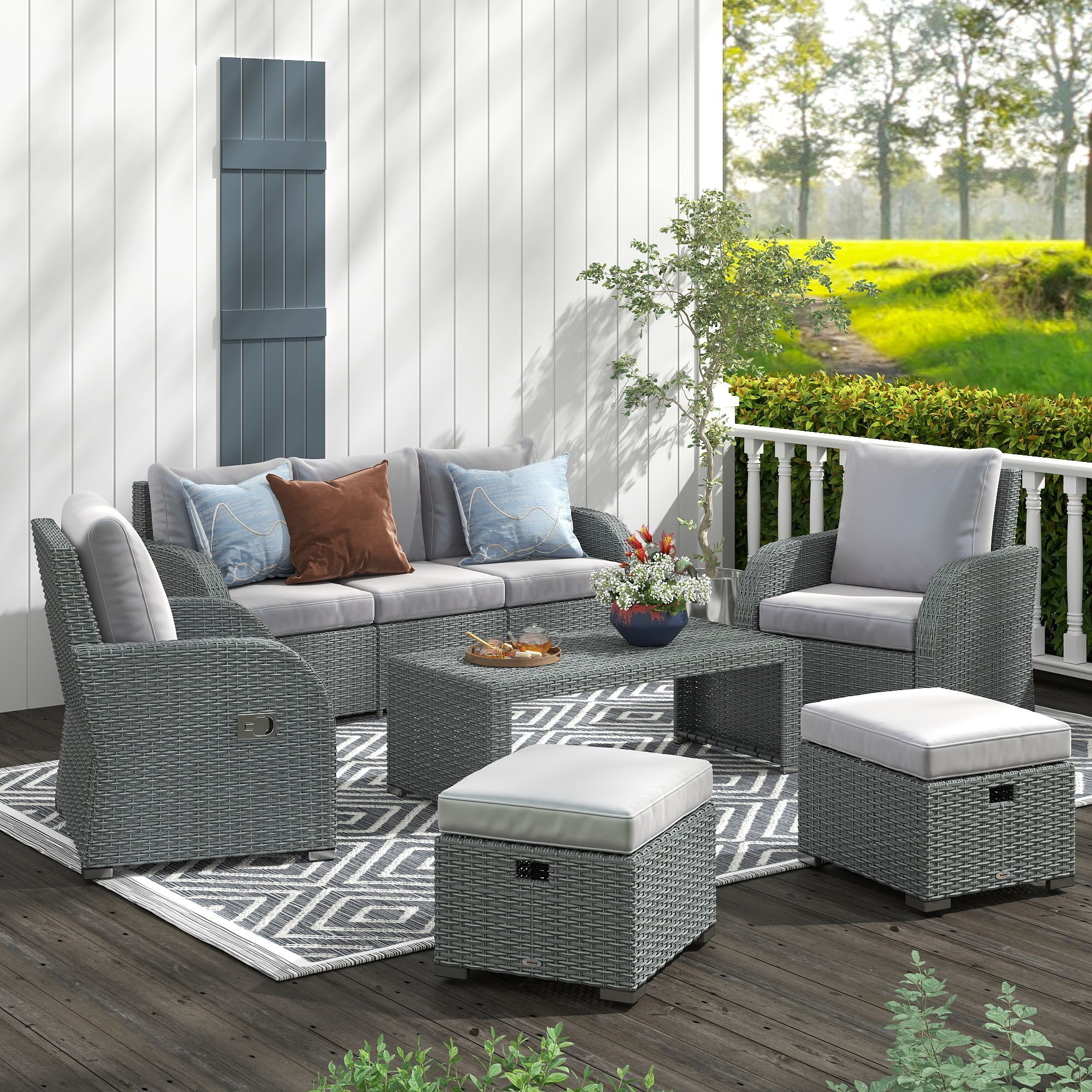Outsunny 7-seater Rattan Garden Furniture W/ Coffee Table Footstool Space-saving Patio Wicker Weave Reclining Chair Set, Light Grey